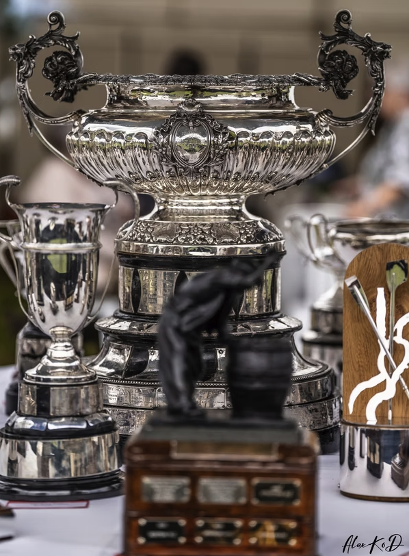 A collection of vintage trophies and awards on display, including a large ornate silver trophy in the center, surrounded by smaller trophies and awards, with some decorative items and a wooden box.