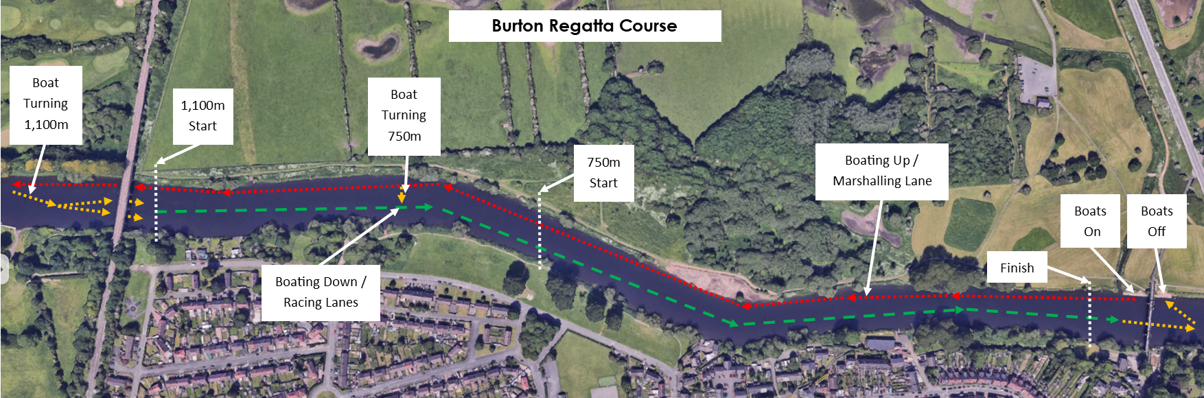 Aerial map of Burton Regatta Course with marked start and finish points, racing lanes, and turn points, indicating boat directions and lane usage for a rowing event.
