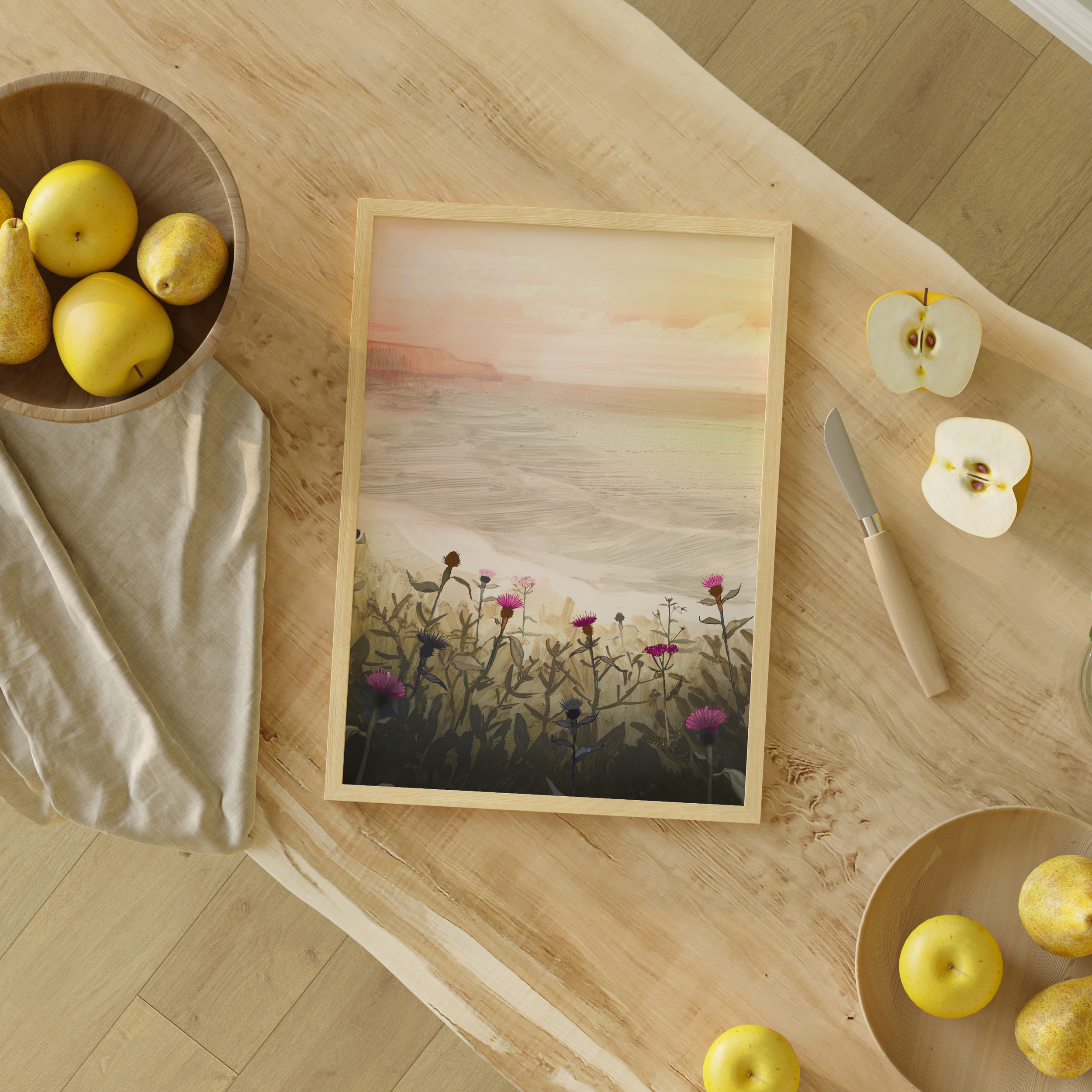Painting of pink and purple knapweed flowers in the foreground, overlooking ocean waves and cliffs at sunset – artwork by Briana Corr Scott