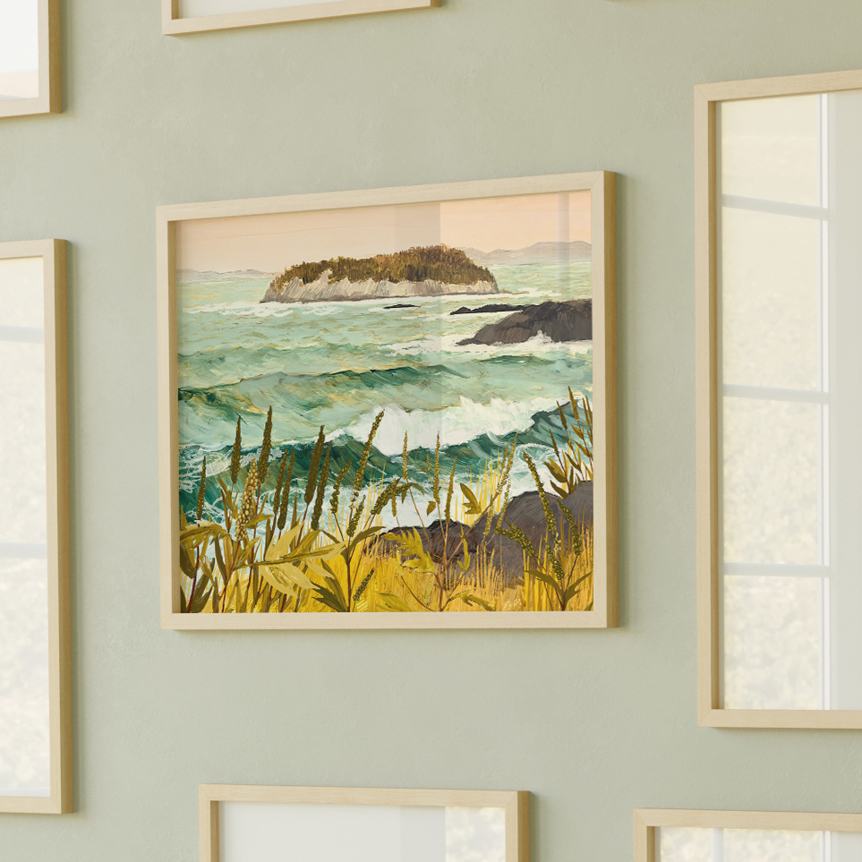 Coastal illustration of ocean waves, rocky shoreline, and an island in the distance, framed by seaside ragweed – artwork by Briana Corr Scott
