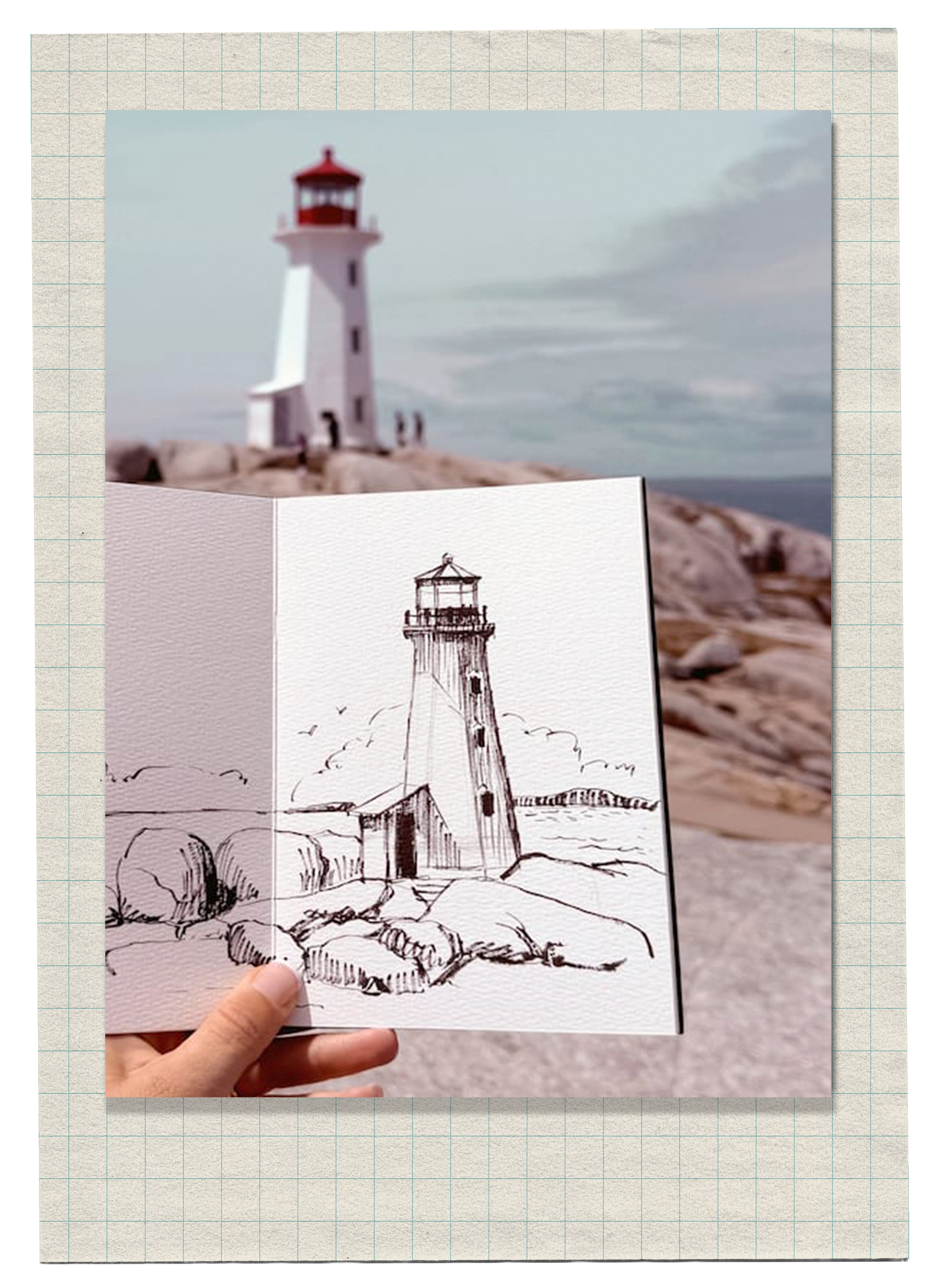 A person holding a sketchbook with a black ink drawing of a lighthouse on it, standing on a rocky shoreline. In the background, there is a real lighthouse on a rocky outcrop, with a cloudy sky.