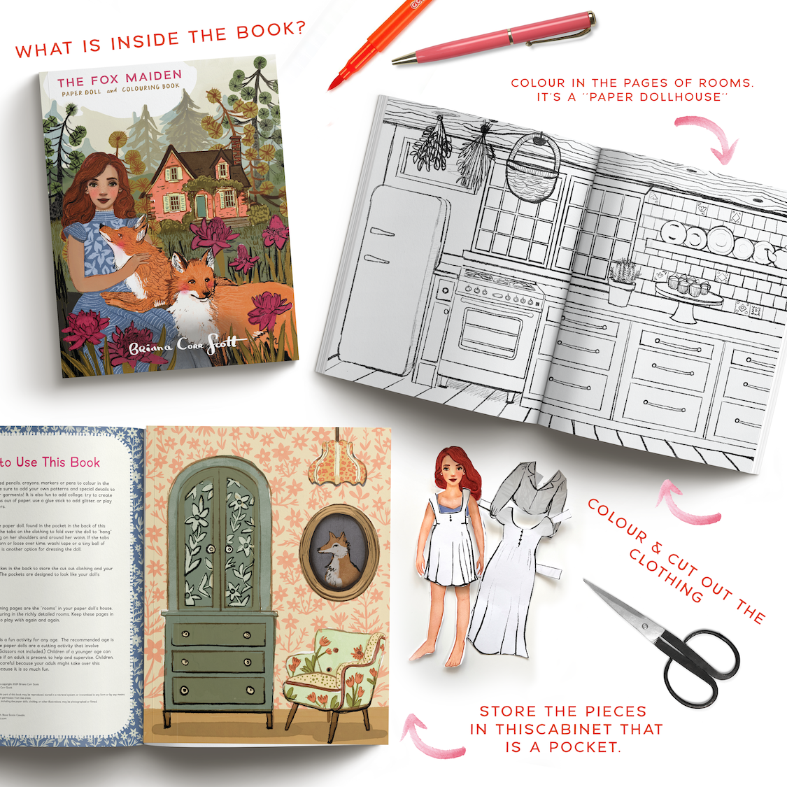 Interior pages and features of The Fox Maiden paper doll and colouring book by Briana Corr Scott, showing a red-haired paper doll, outfits, and colour-in cottage scenes.