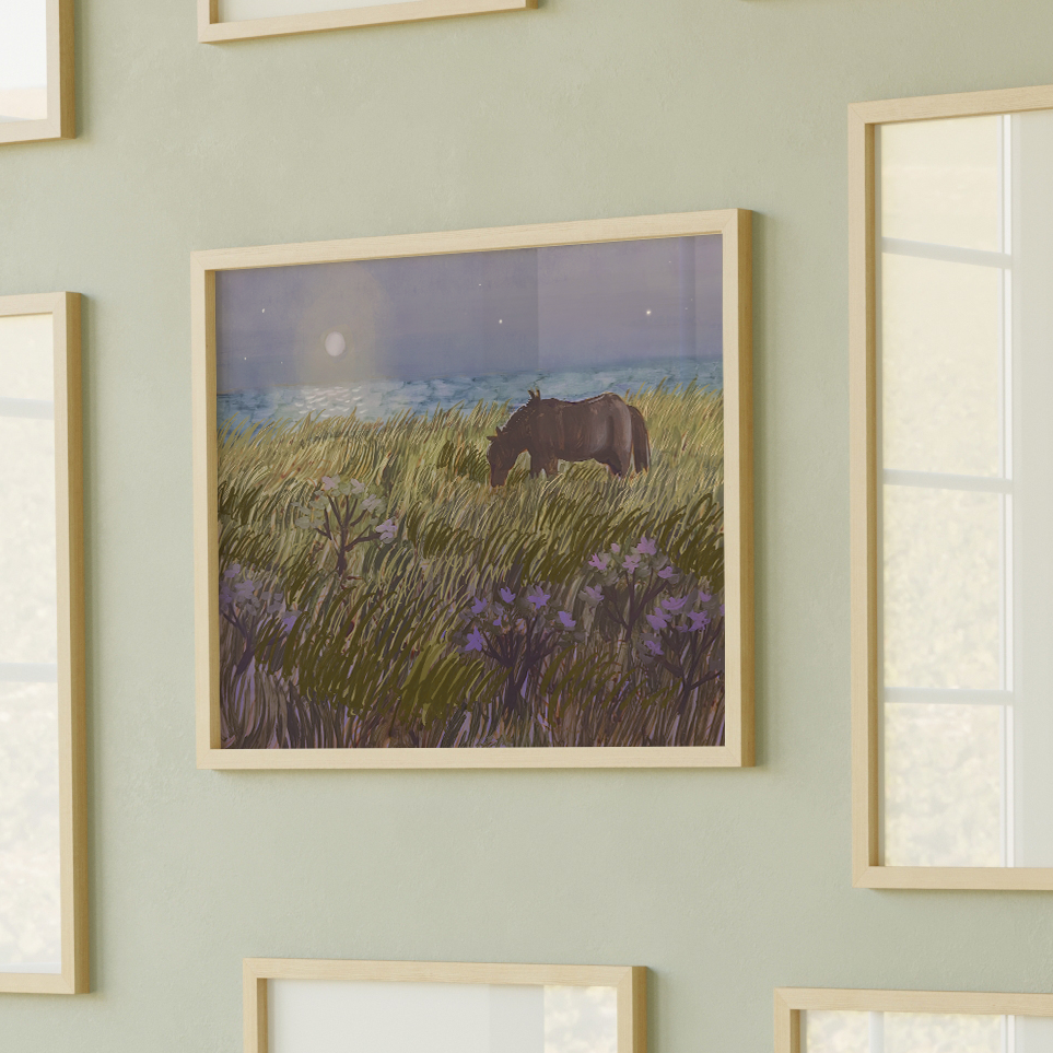 Sable Island horse at night painted by Briana Corr Scott. The print is framed on a green wall