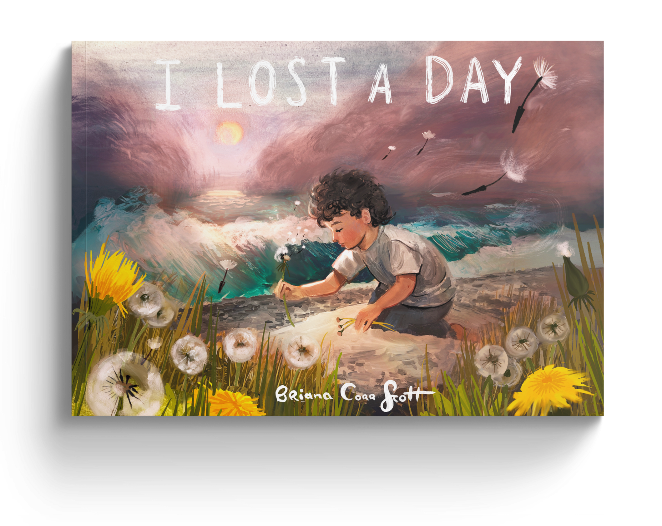 A painting of a young boy on a beach, distressfully picking a dandelion, with the words 'I LOST A DAY' at the top and the artist's signature 'Briana Corr Scott' at the bottom.