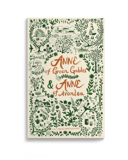 Book cover titled "Anne of Green Gables & Anne of Avonlea" with a decorative green floral border containing illustrations of a house, trees, and countryside scenes.