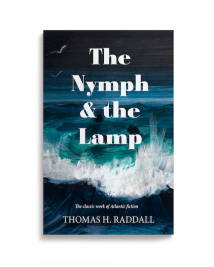 Book cover titled 'The Nymph & the Lamp' by Thomas H. Raddall, featuring a dark ocean scene with waves and seagulls.