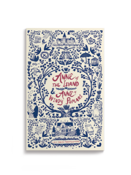 Book cover titled "Anne of the Island & Anne Windy Poplars" by Lucy Maud Montgomery, featuring a blue and white illustration of a tree with branches and various small scenes and icons around it.