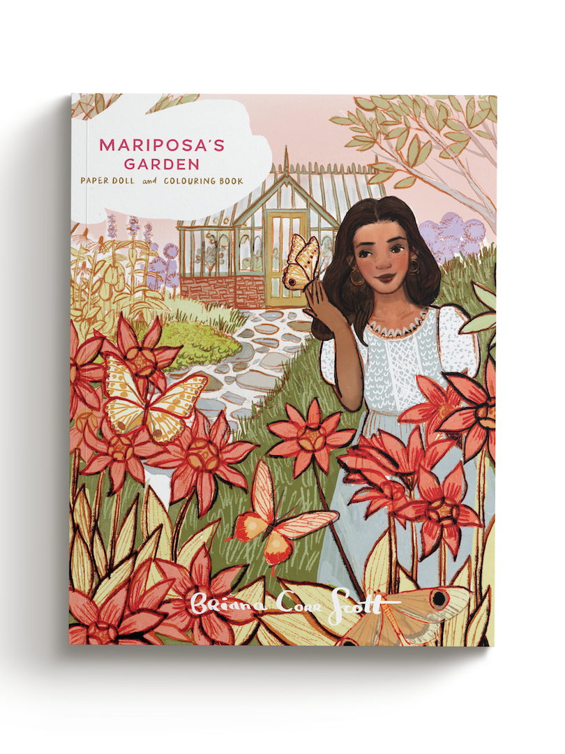 Illustration of a girl in a garden with colorful flowers, butterflies, and a greenhouse in the background, titled 'Mariposa's Garden.'