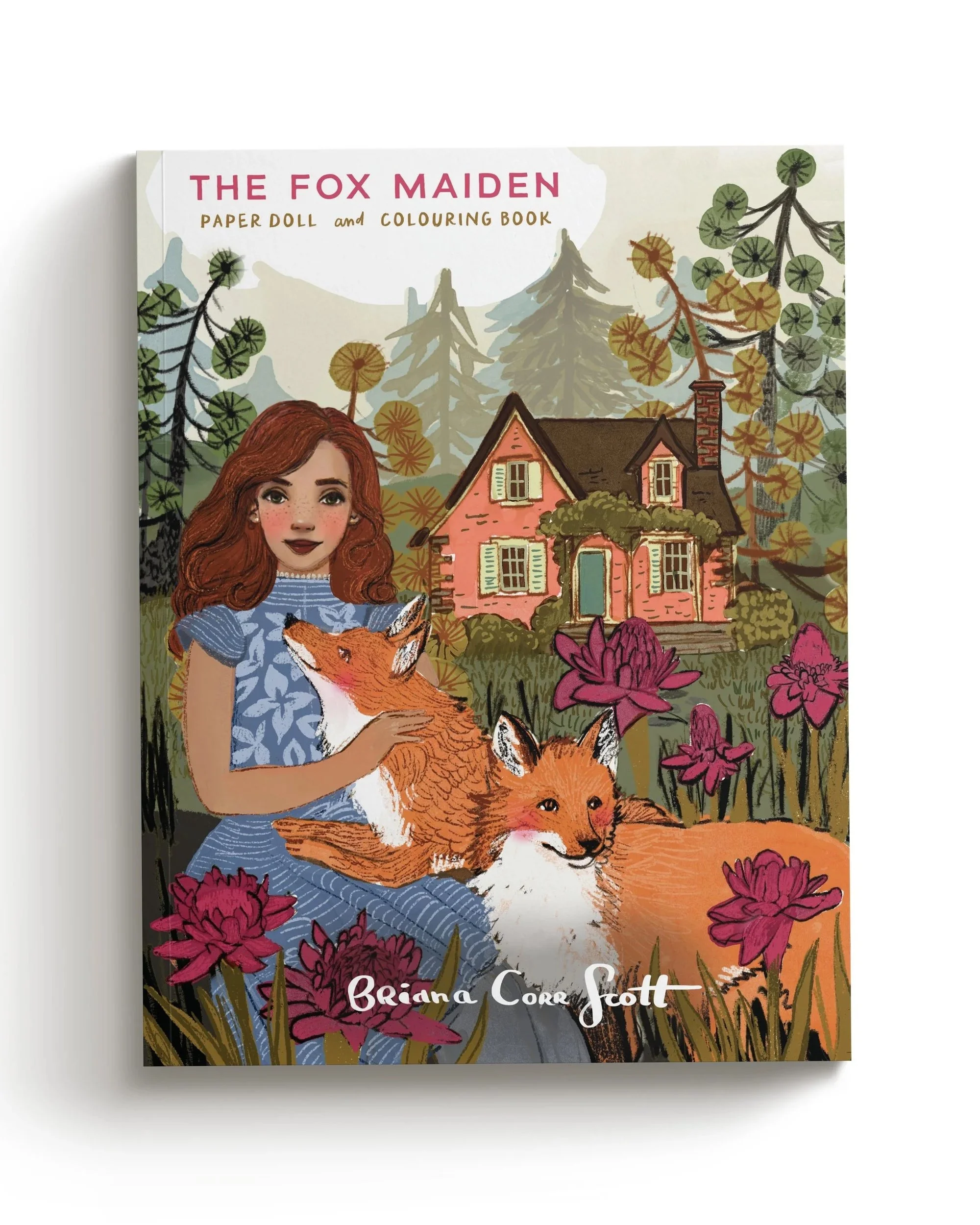 Illustration of a girl with red hair holding two foxes in front of a pink house, surrounded by flowers and trees.