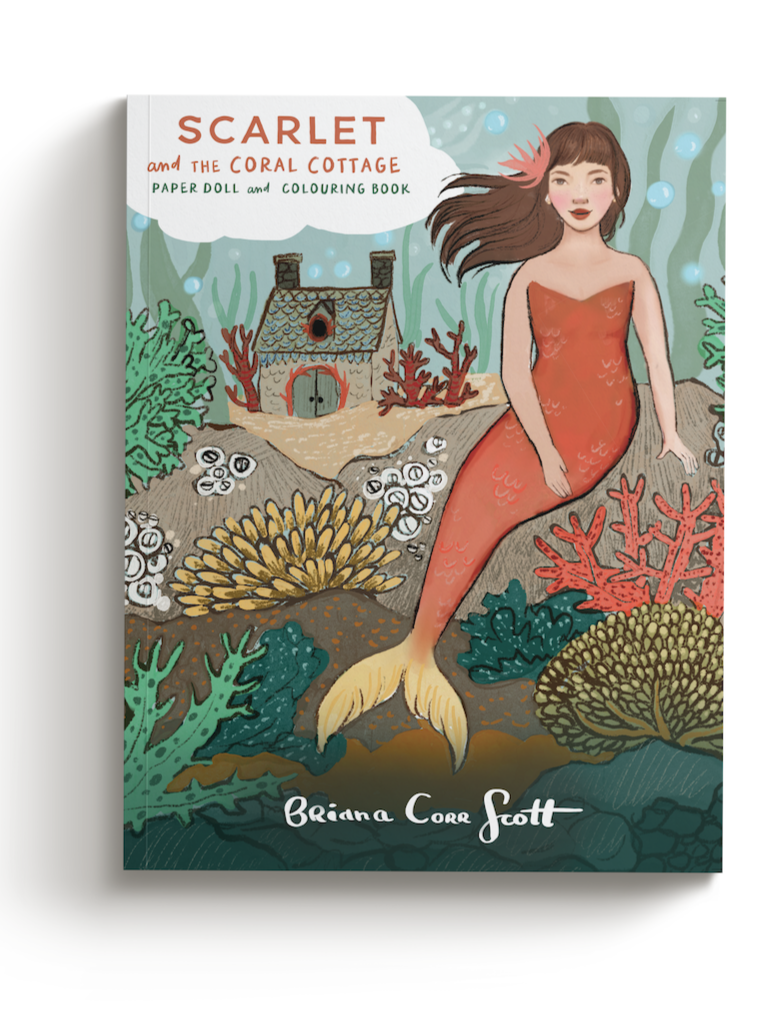 Illustration of a mermaid with long brown hair, sitting among colorful coral and sea plants underwater, with a small house in the background, on the cover of a children's coloring and paper doll book titled 'Scarlet and the Coral Cottage' by Briana C