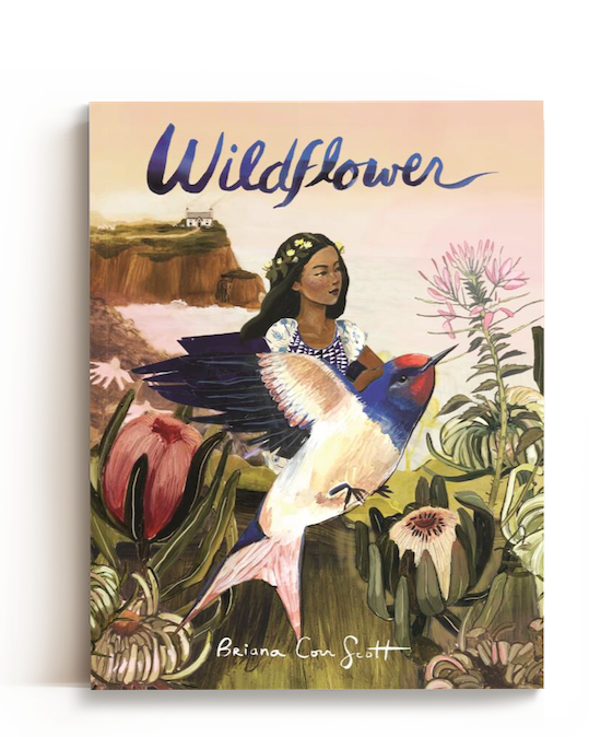 Book cover titled "Wildflower" by Briana Con Scott, featuring an illustration of a woman with dark hair, wearing a flower crown, surrounded by wildflowers and a flying hummingbird with blue, red, and white feathers.