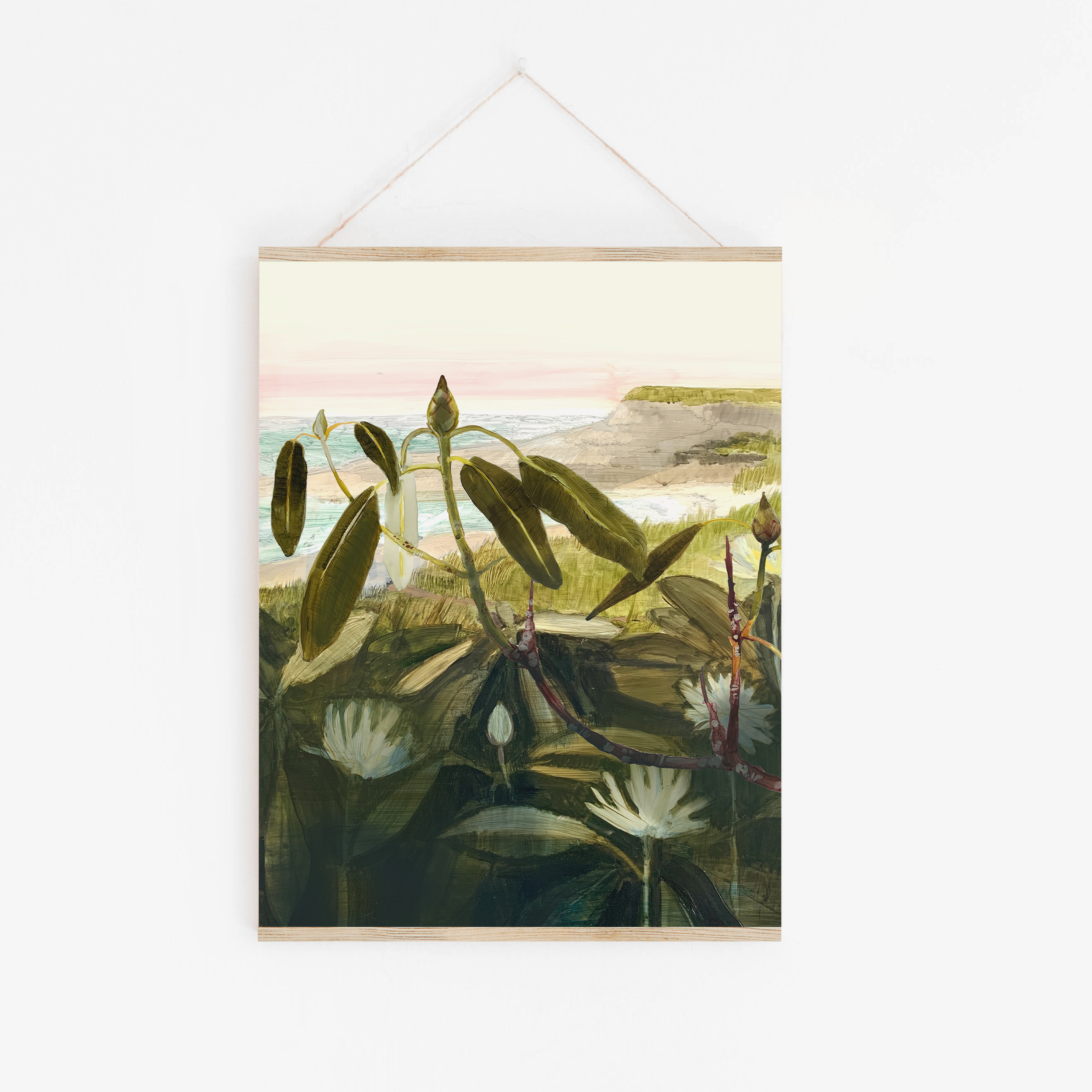 "Rhododendron by the Sea" print showing coastal Nova Scotia landscape framed by wild green rhododendron leaves and pastel sky