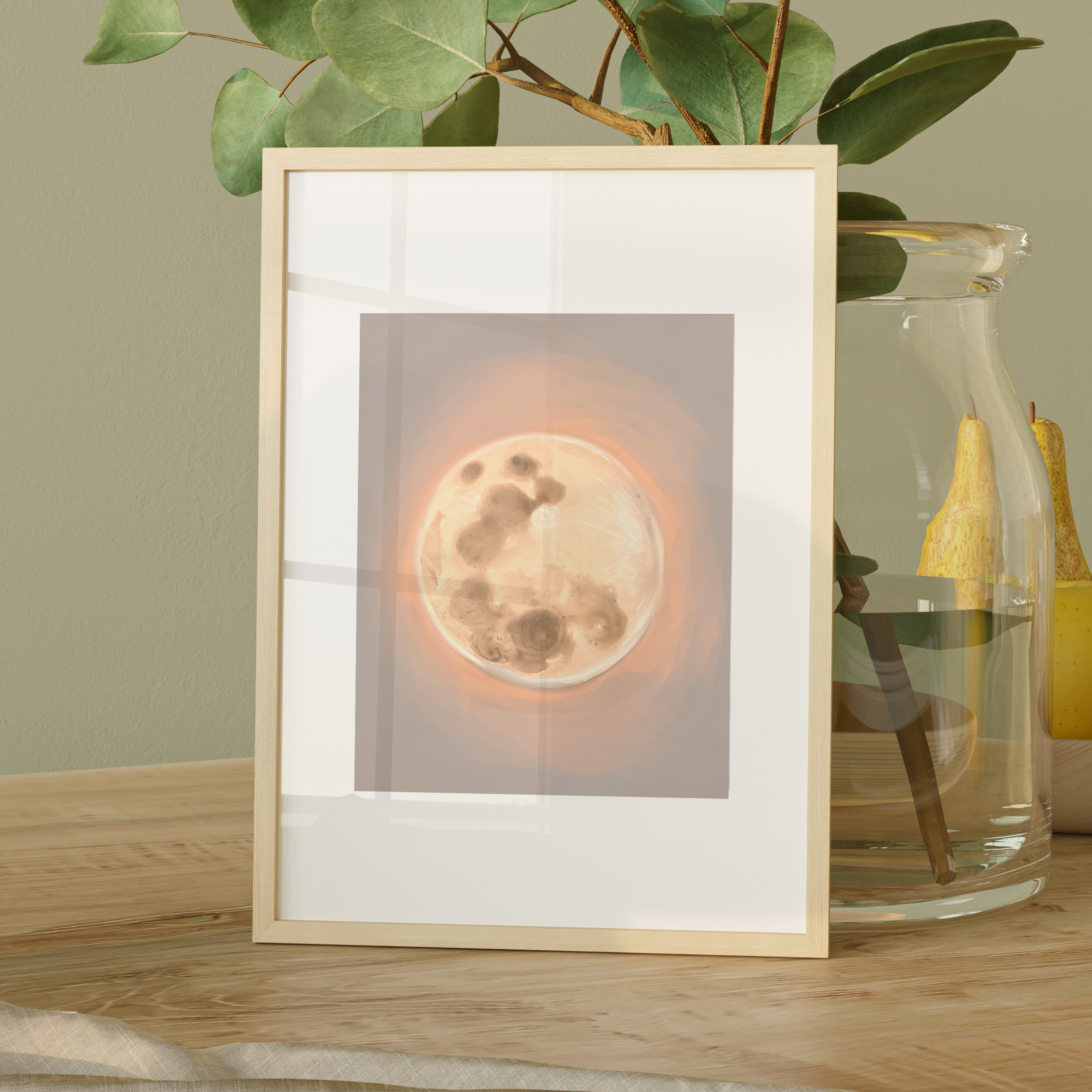 "The Moon" print featuring a glowing, softly painted full moon in neutral tones, archival celestial artwork by Nova Scotia artist Briana Corr Scott
