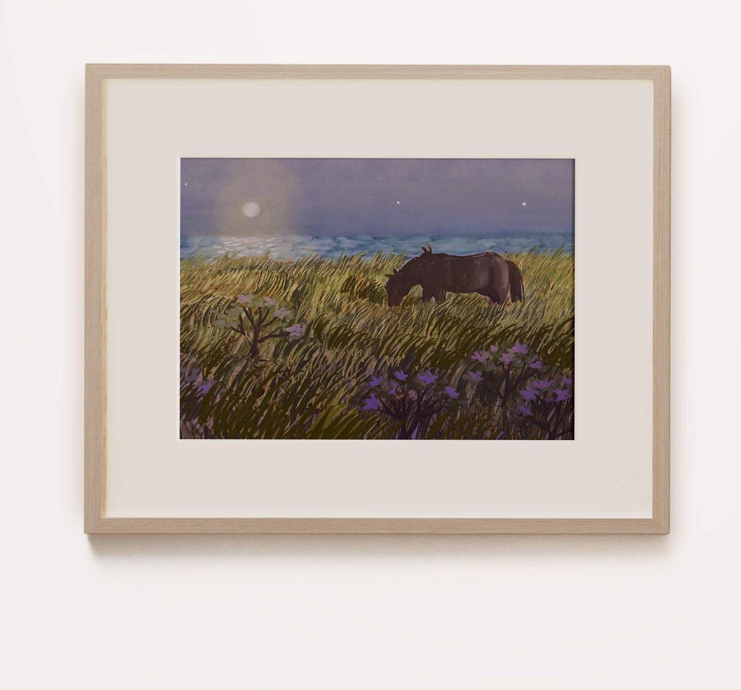 Sable Island Horses” print depicting wild horse roaming on a grass covered dunes, painted by Briana Corr Scott