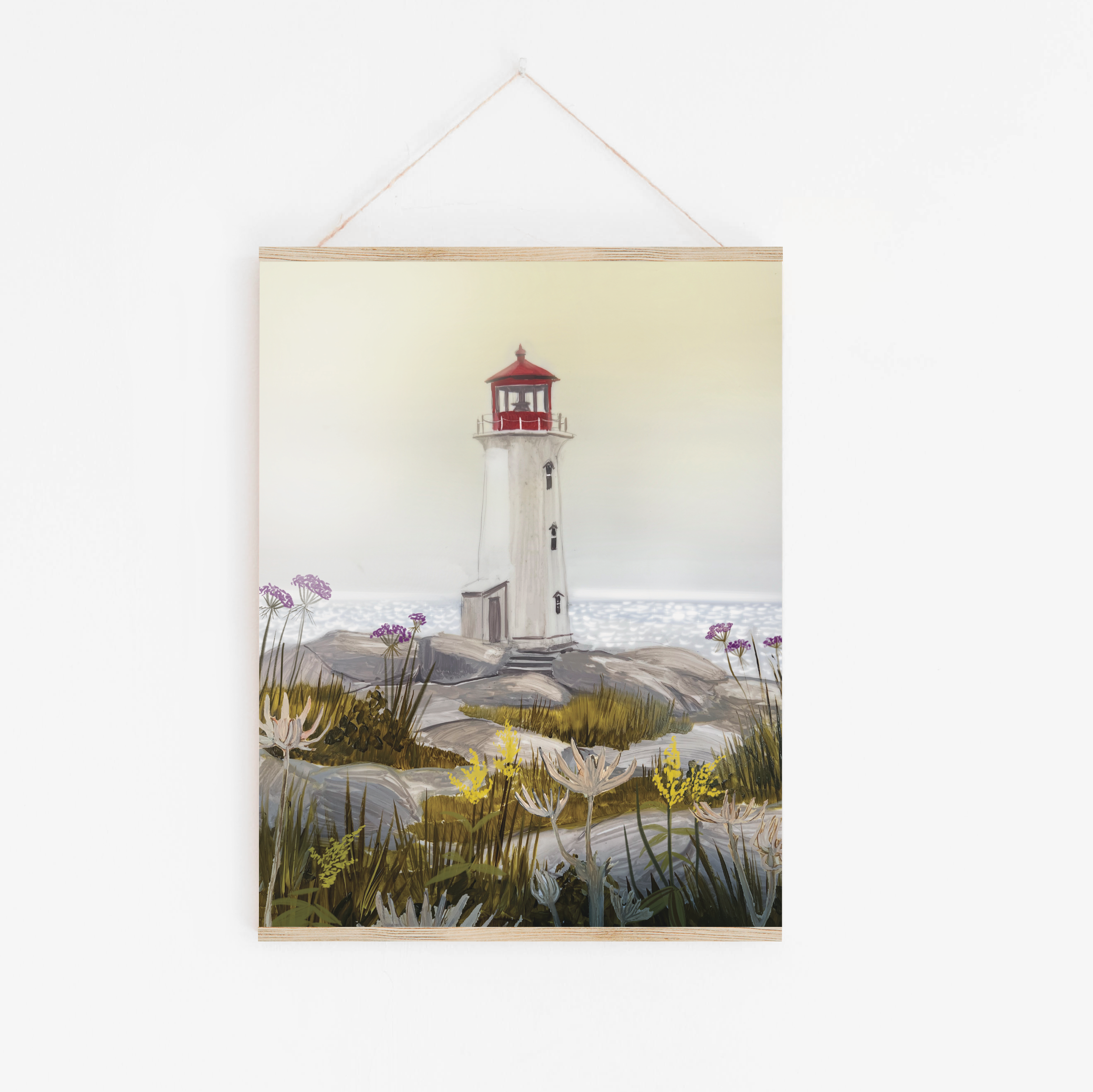 Gouache painting of Peggy’s Cove lighthouse with red roof, surrounded by coastal wildflowers and granite rocks – art by Briana Corr Scott (Copy)