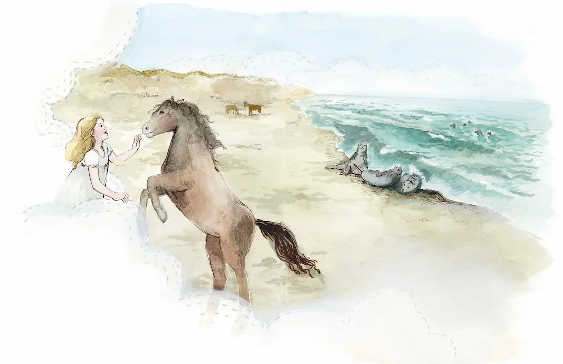 Painting of Sable Island wild horses and dunes – from Briana Corr Scott’s picture book