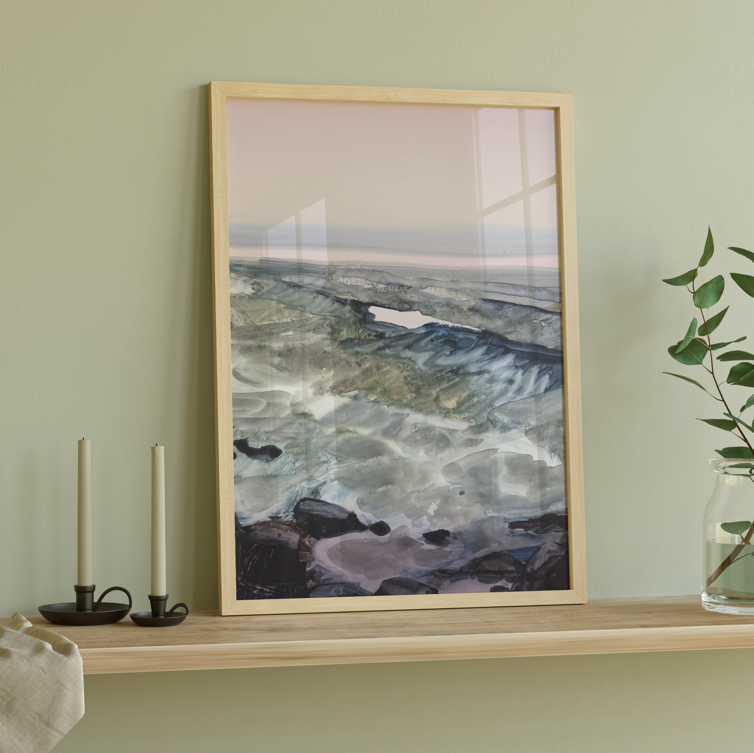 Moody Sea" art print featuring expressive ocean textures in stormy blues and greens under a pale pink sky, by Briana Corr Scott