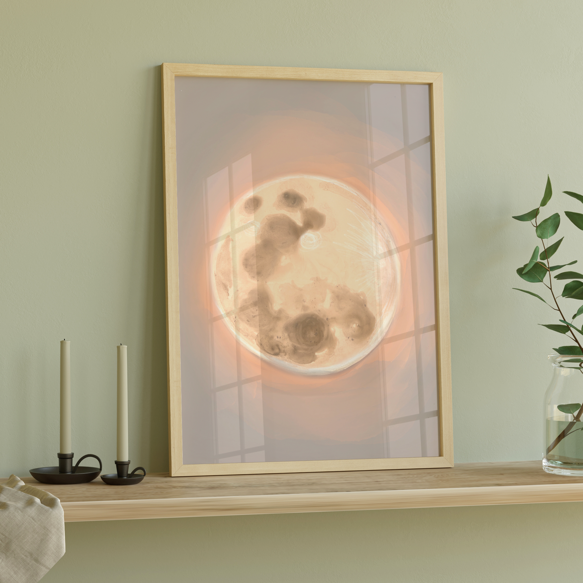 "The Moon" print featuring a glowing, softly painted full moon in neutral tones, archival celestial artwork by Nova Scotia artist Briana Corr Scott