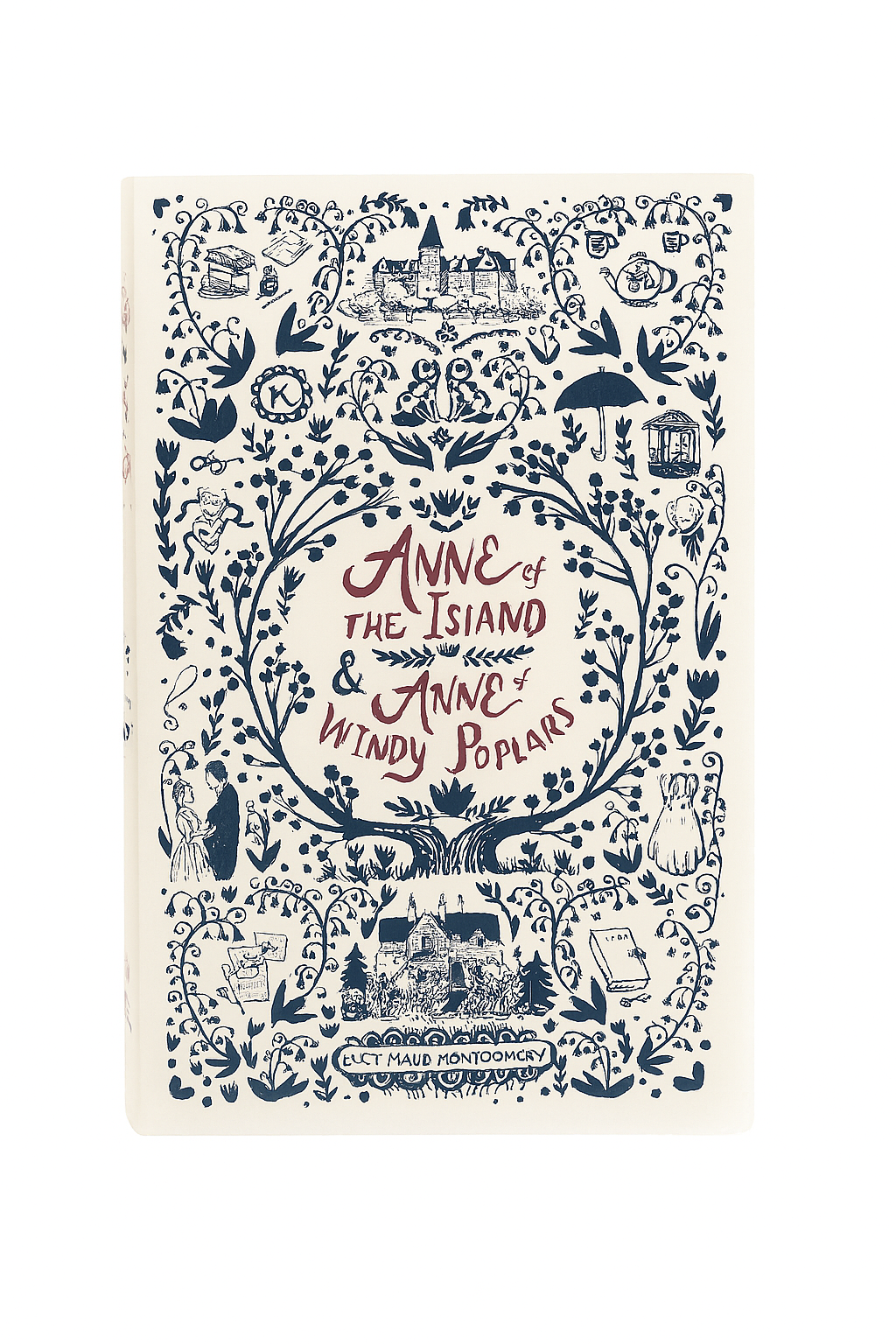 Illustrated book cover of Anne of the Island & Anne of Windy Poplars by L. M. Montgomery, featuring hand-drawn navy and red artwork on a cream background.