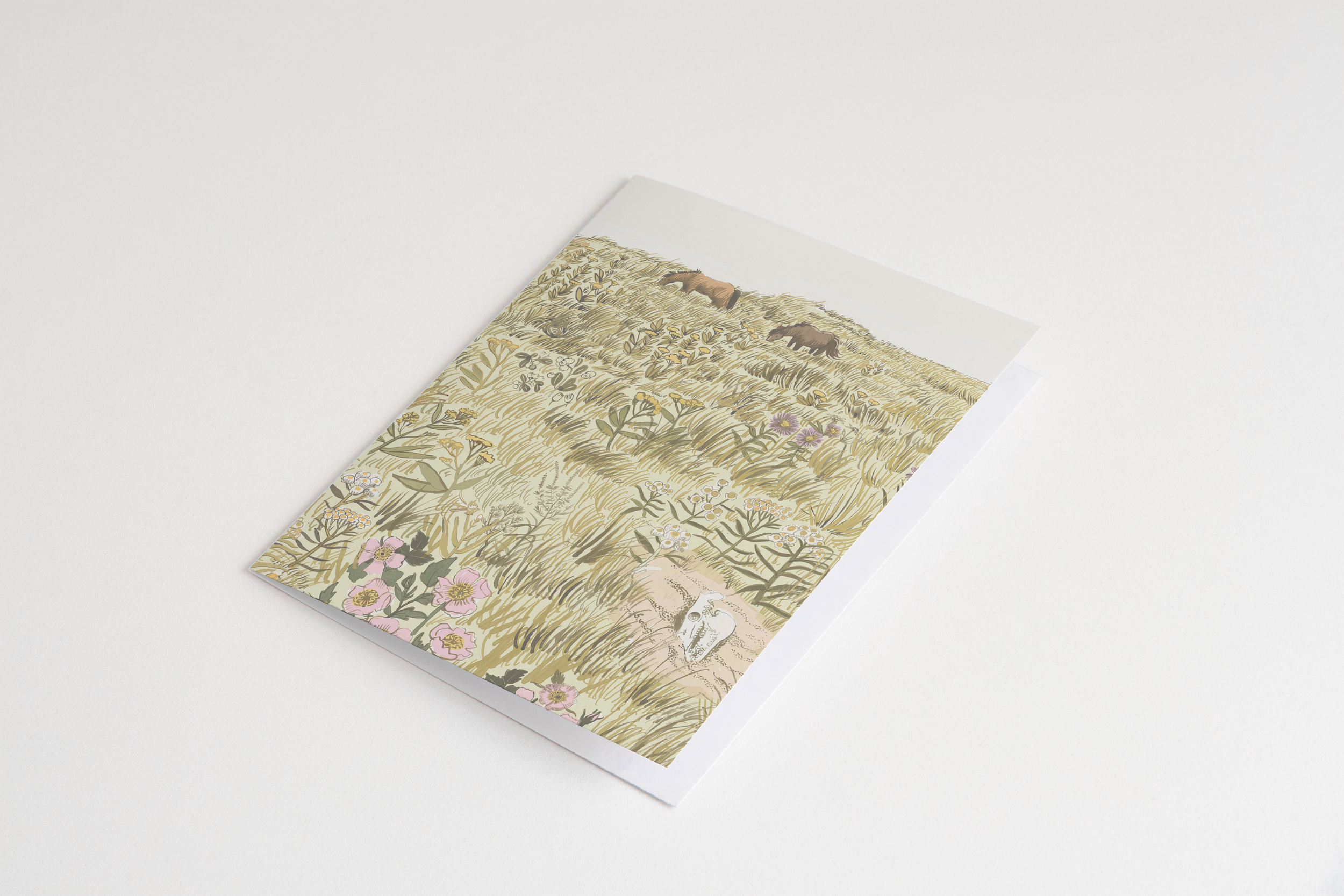 Illustrated greeting card of Sable Island wild horses grazing in a dune meadow filled with flowers and grasses, with a horse skull in the foreground – artwork by Briana Corr Scott
