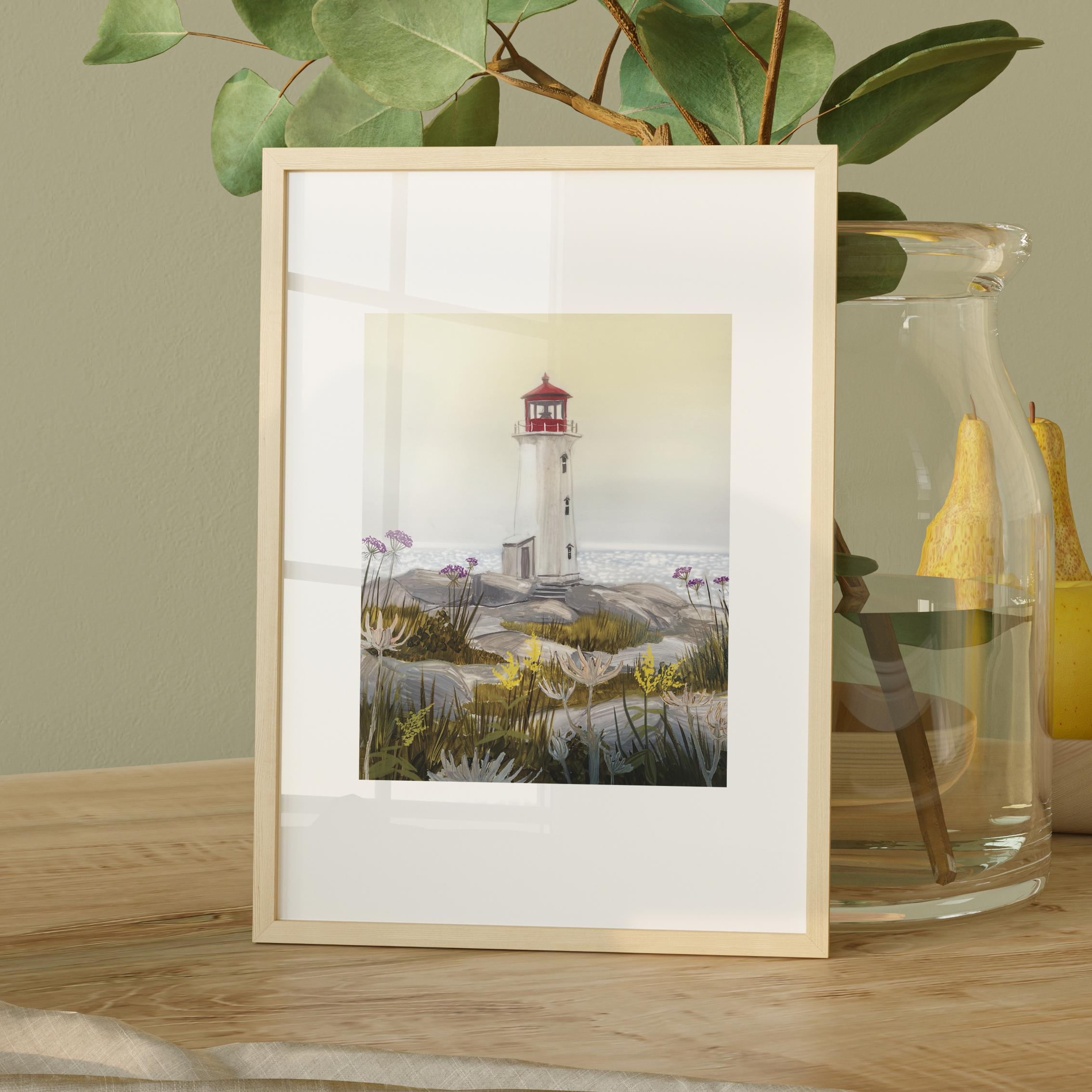 Gouache painting of Peggy’s Cove lighthouse with red roof, surrounded by coastal wildflowers and granite rocks – art by Briana Corr Scott (Copy)