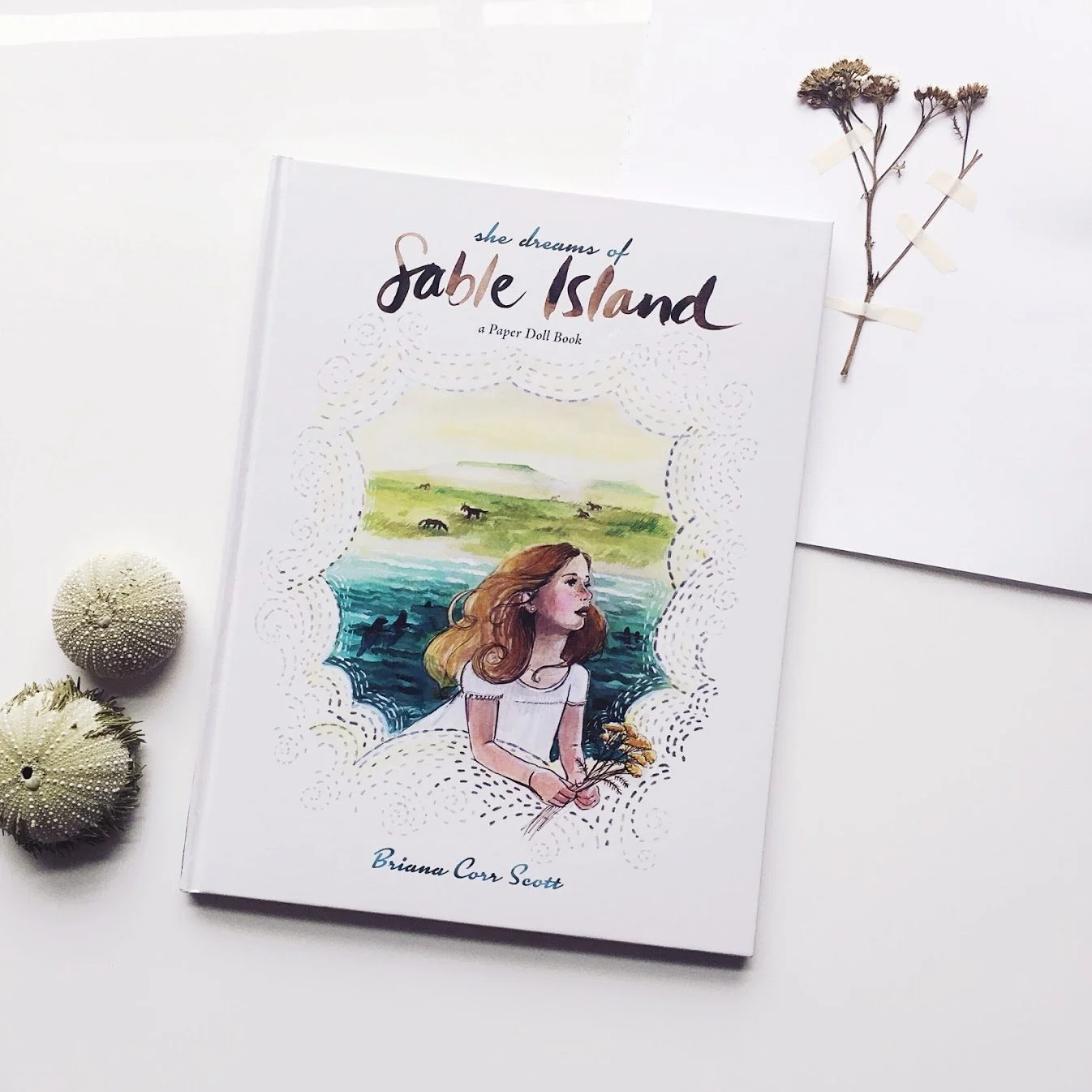 Cover of She Dreams of Sable Island by Briana Corr Scott – illustrated girl dreaming of wild horses and the ocean