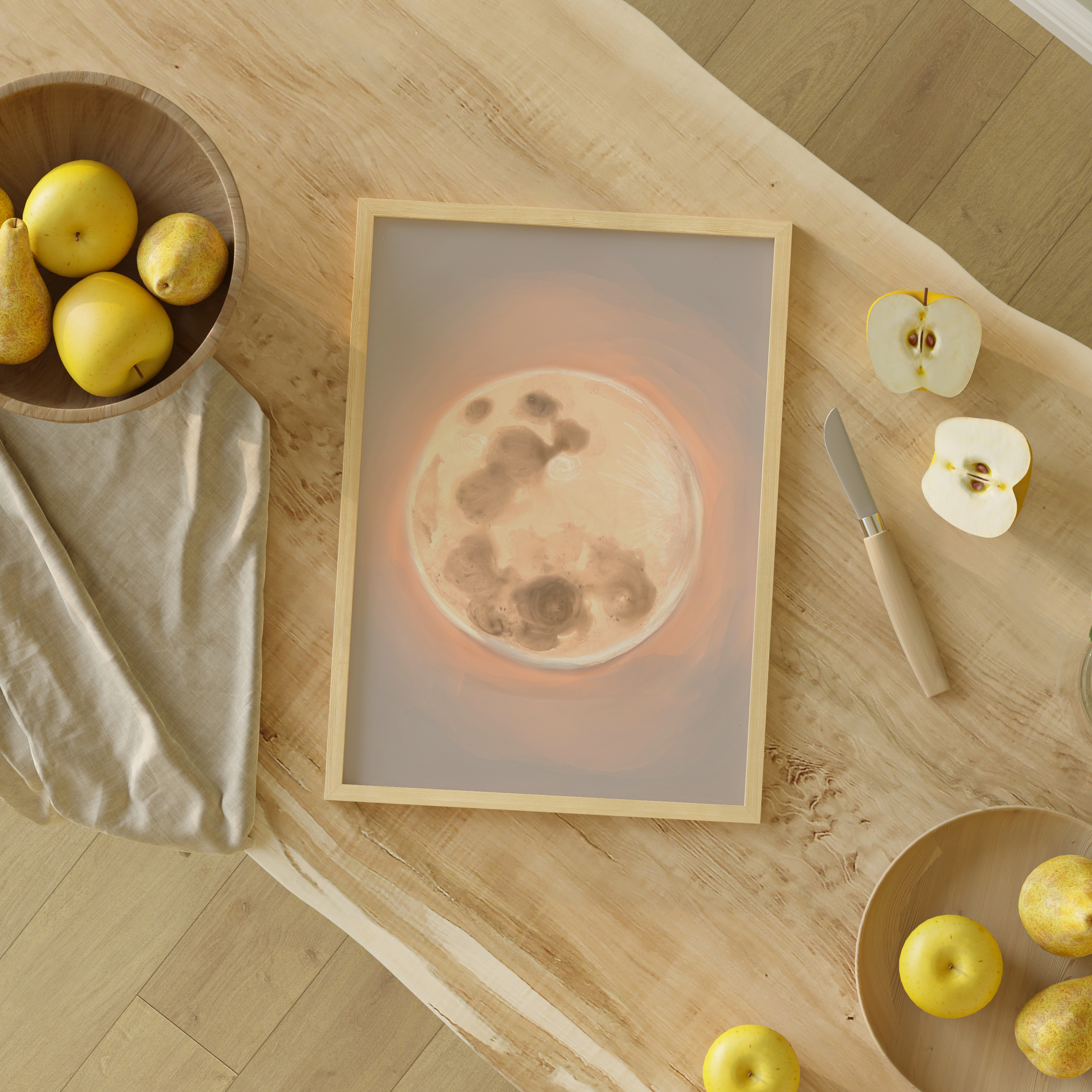 "The Moon" print featuring a glowing, softly painted full moon in neutral tones, archival celestial artwork by Nova Scotia artist Briana Corr Scott