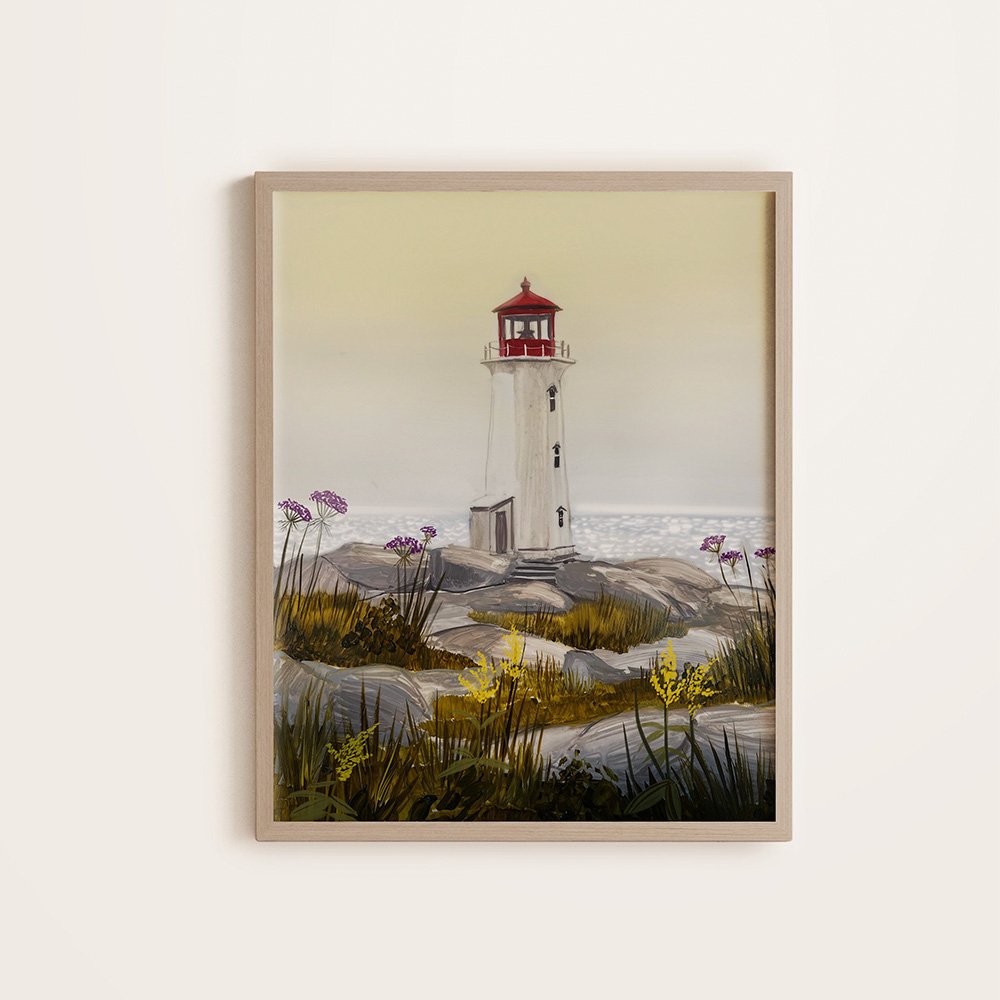 Gouache painting of Peggy’s Cove lighthouse with red roof, surrounded by coastal wildflowers and granite rocks – art by Briana Corr Scott (Copy)