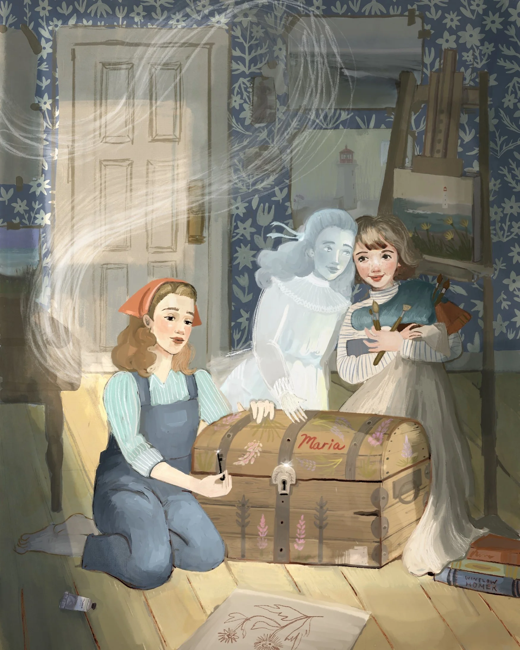 a woman on the floor next to an old wooden chest. she is holding the key. a ghost and a young girl are smiling at eachohte next to the chest.