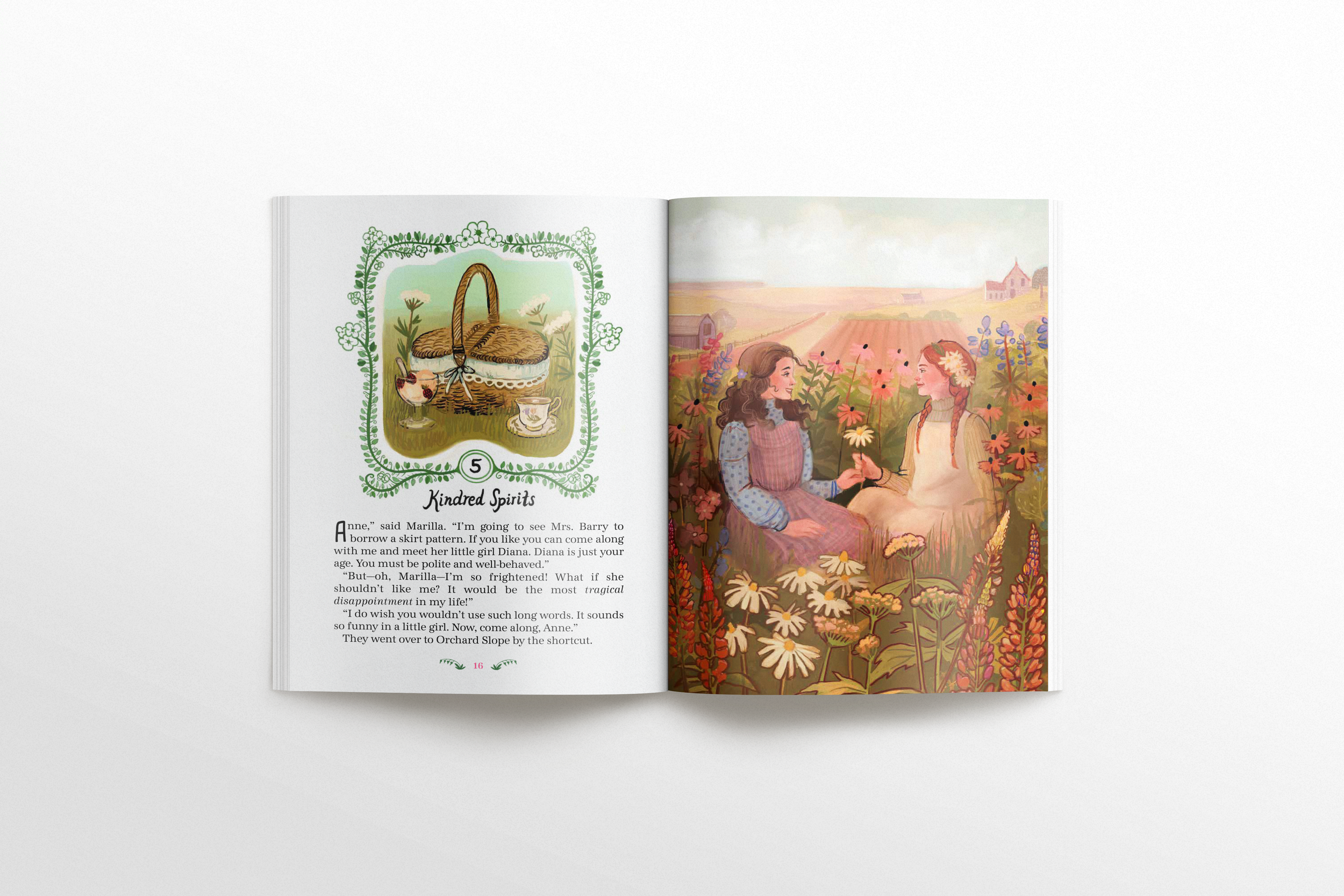 Illustrated cover of Anne of Green Gables, showing Anne Shirley with red hair and a flower crown, set against a soft pastel landscape – art by Briana Corr Scott
