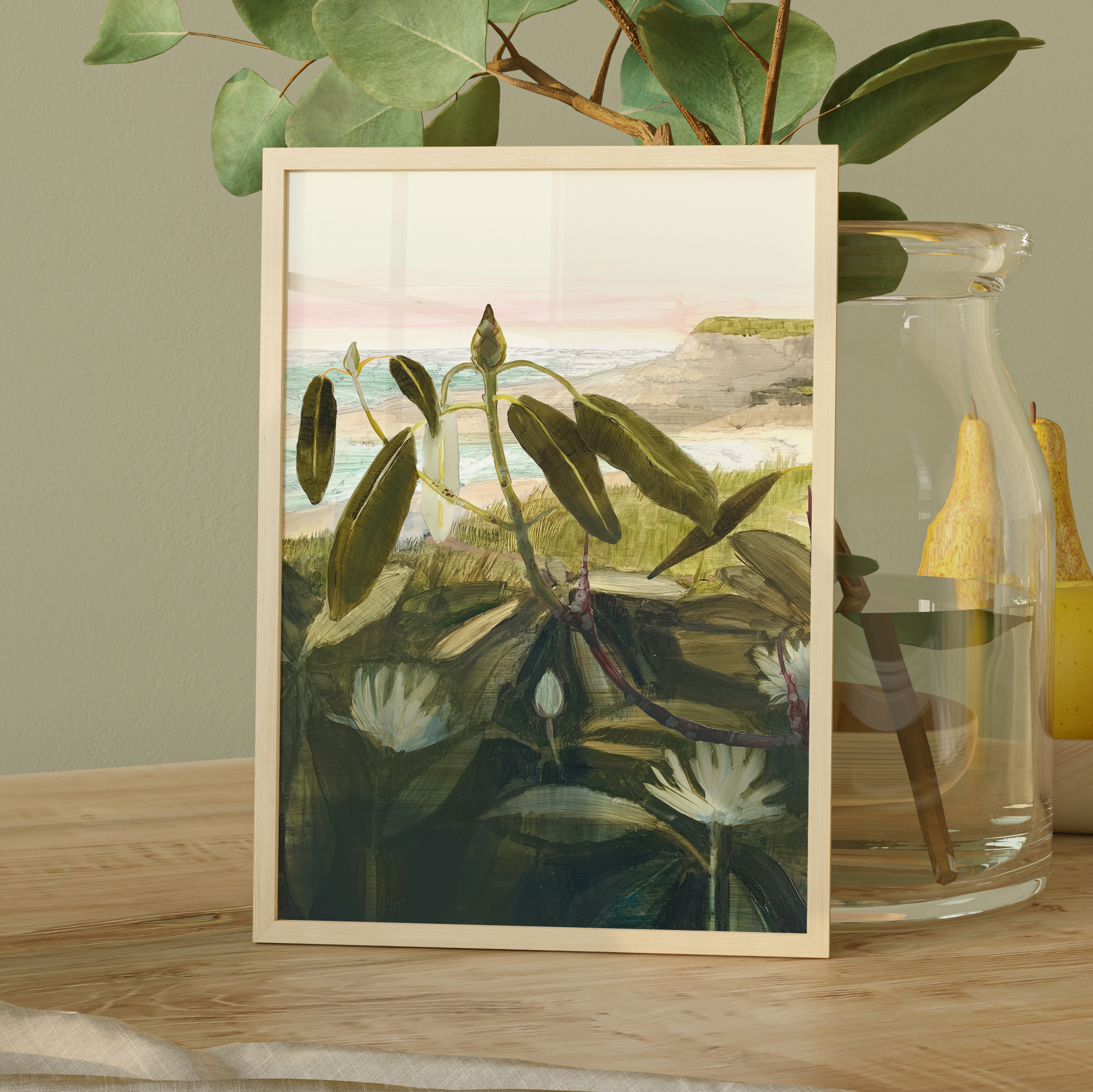 "Rhododendron by the Sea" print showing coastal Nova Scotia landscape framed by wild green rhododendron leaves and pastel sky