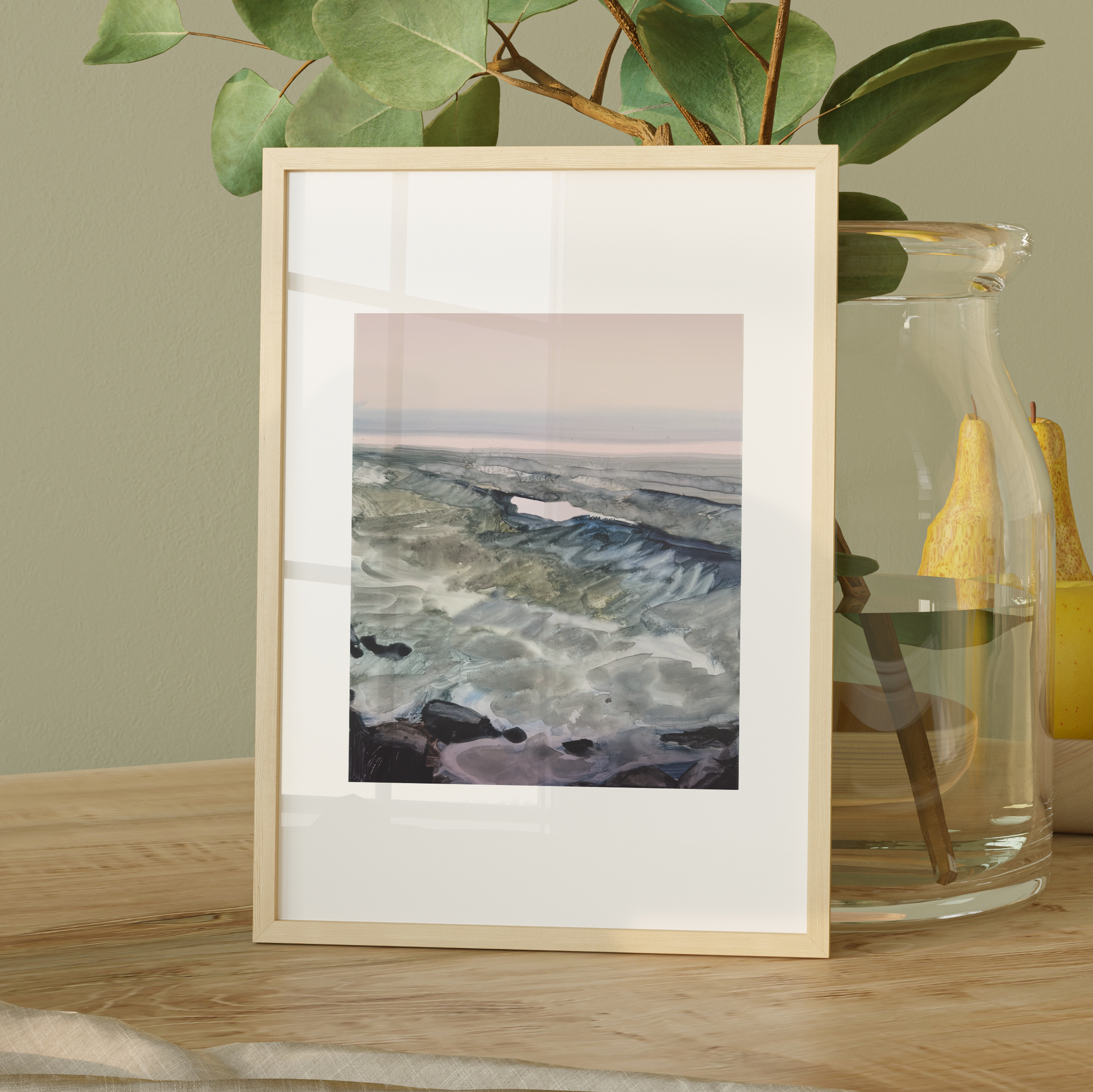 Moody Sea" art print featuring expressive ocean textures in stormy blues and greens under a pale pink sky, by Briana Corr Scott