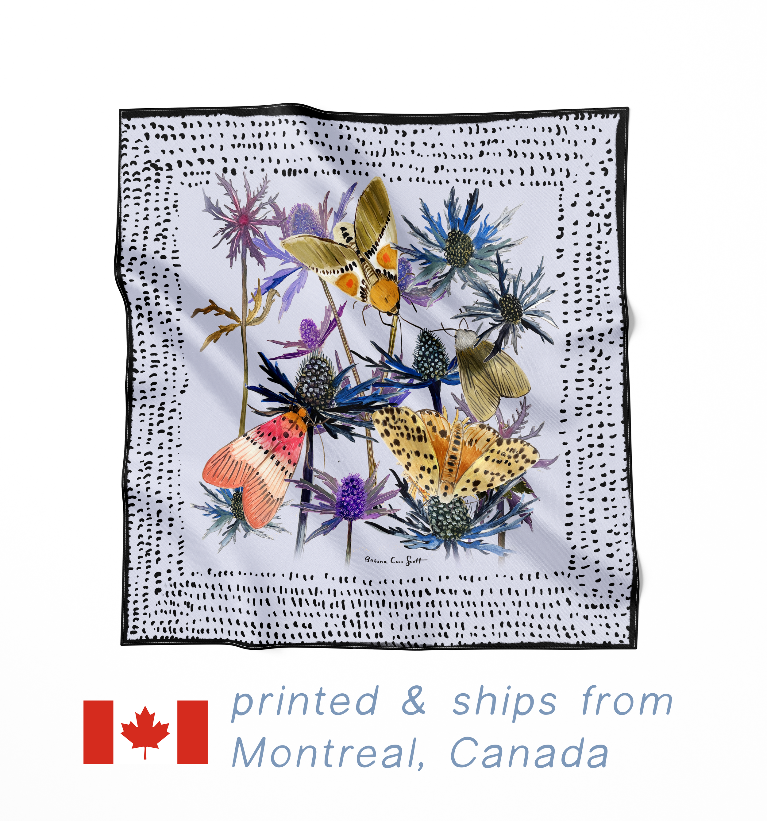 moths, Square silk scarf with bright pink and red floral illustration on a soft background, designed by Briana Corr Scott and printed in Montreal, Canada.