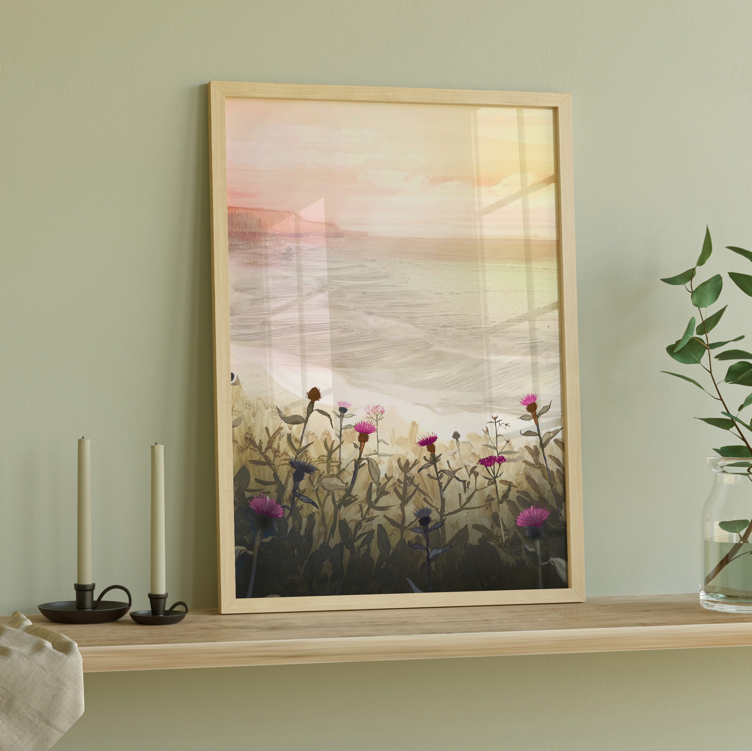 Painting of pink and purple knapweed flowers in the foreground, overlooking ocean waves and cliffs at sunset – artwork by Briana Corr Scott