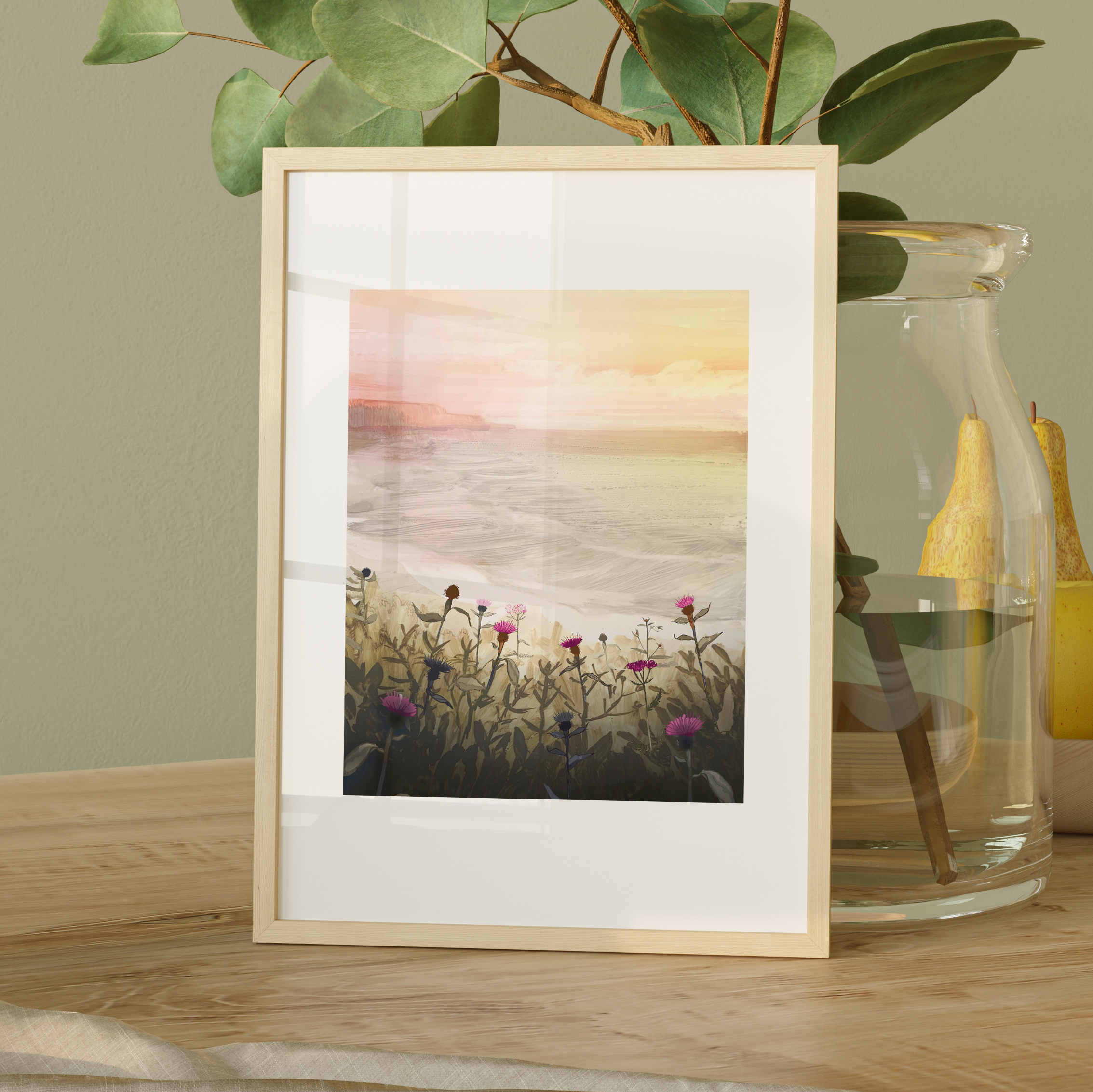 Painting of pink and purple knapweed flowers in the foreground, overlooking ocean waves and cliffs at sunset – artwork by Briana Corr Scott