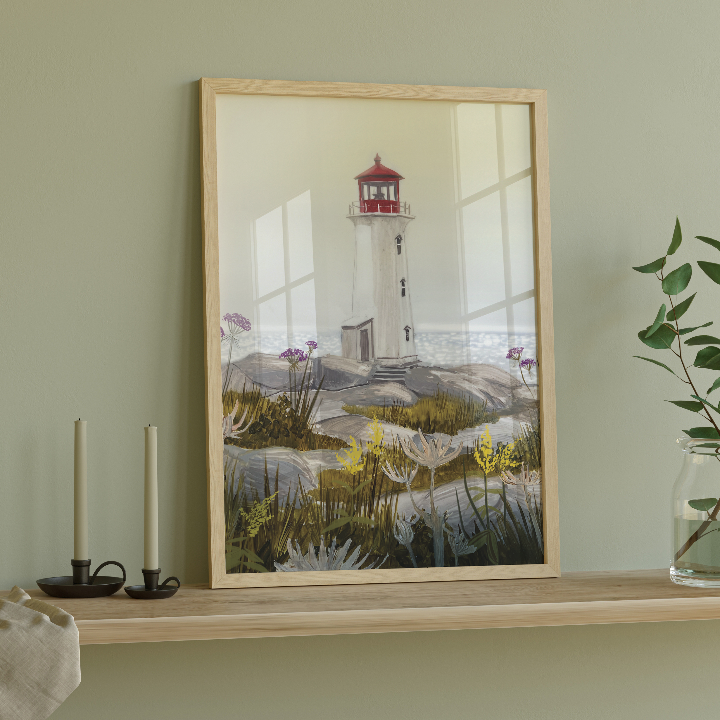 Gouache painting of Peggy’s Cove lighthouse with red roof, surrounded by coastal wildflowers and granite rocks – art by Briana Corr Scott (Copy)