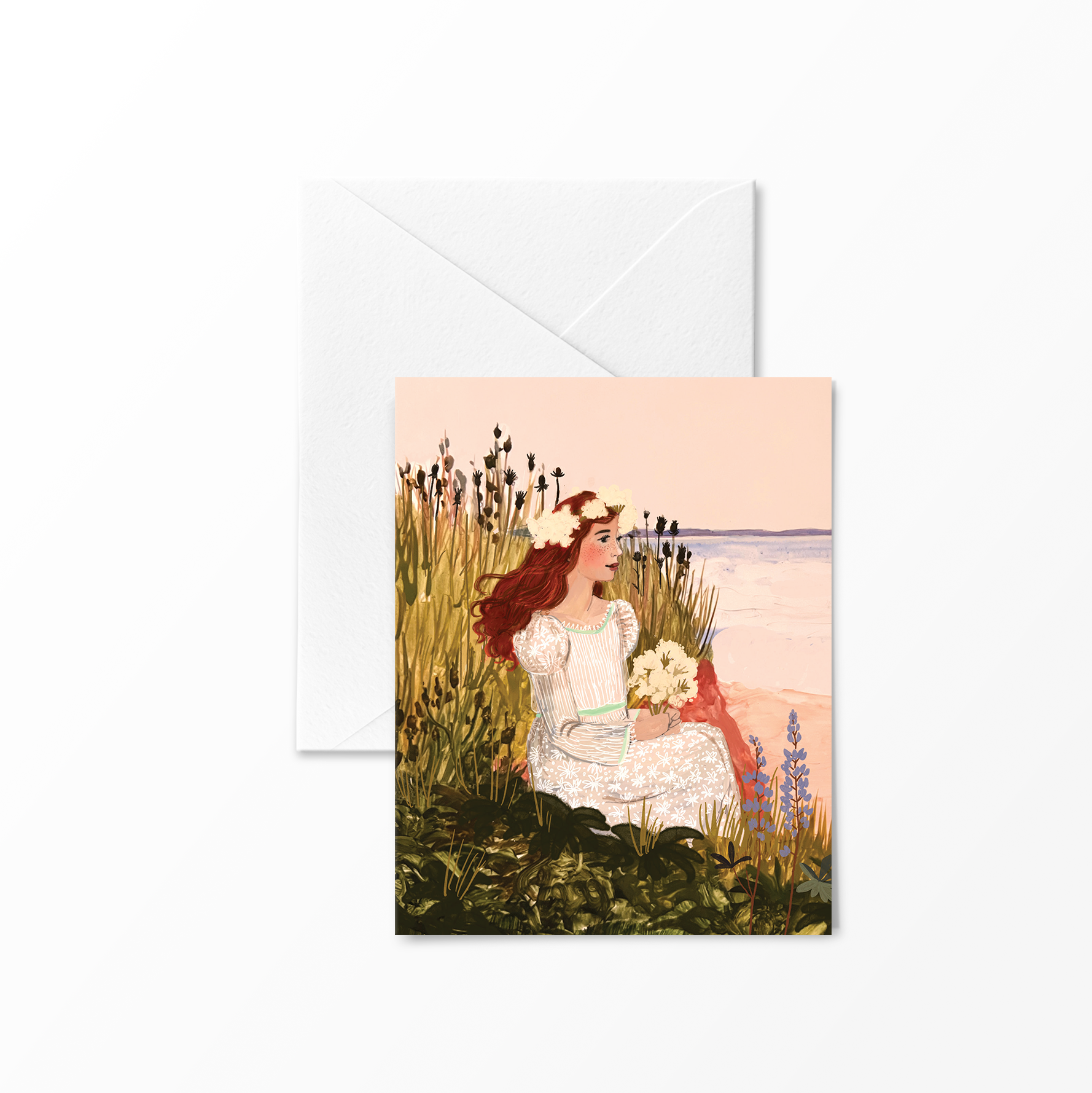 Anne of Green Gables sitting in a coastal meadow holding white flowers, wearing a floral dress and crown, with the sea in the background – artwork by Briana Corr Scott