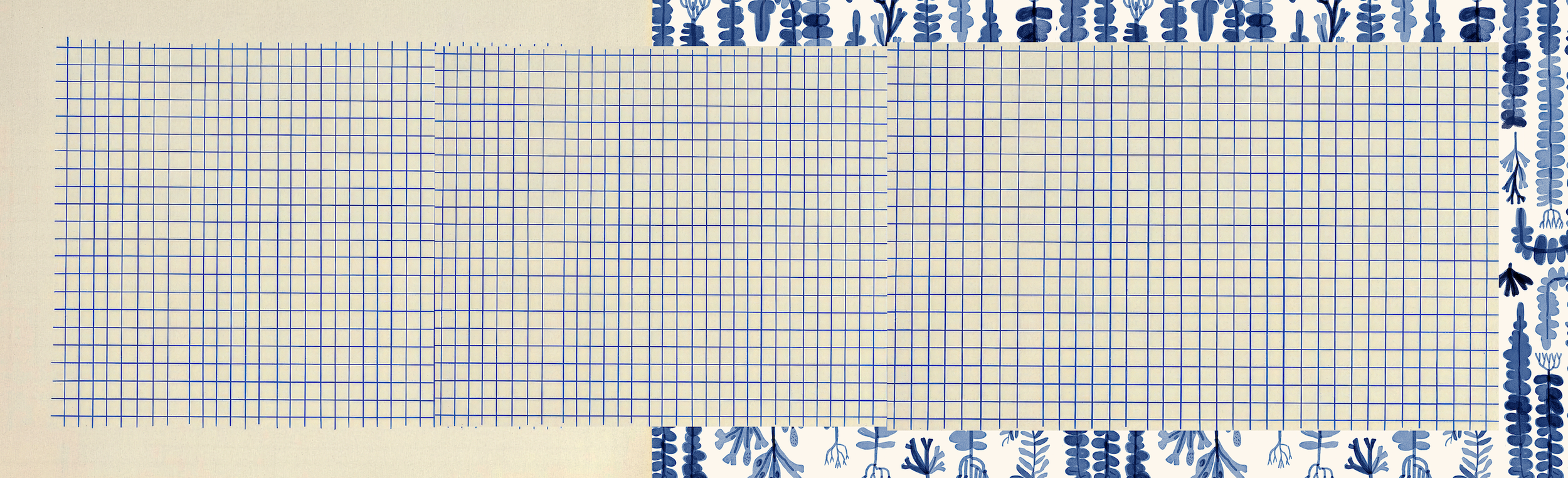 vintage graph paper, yellowed with age, blue lines in a grid. half the border is a seaweed pattern in a matching blue and cream. the seaweed is hand painted by the artist. This is a background for the text.