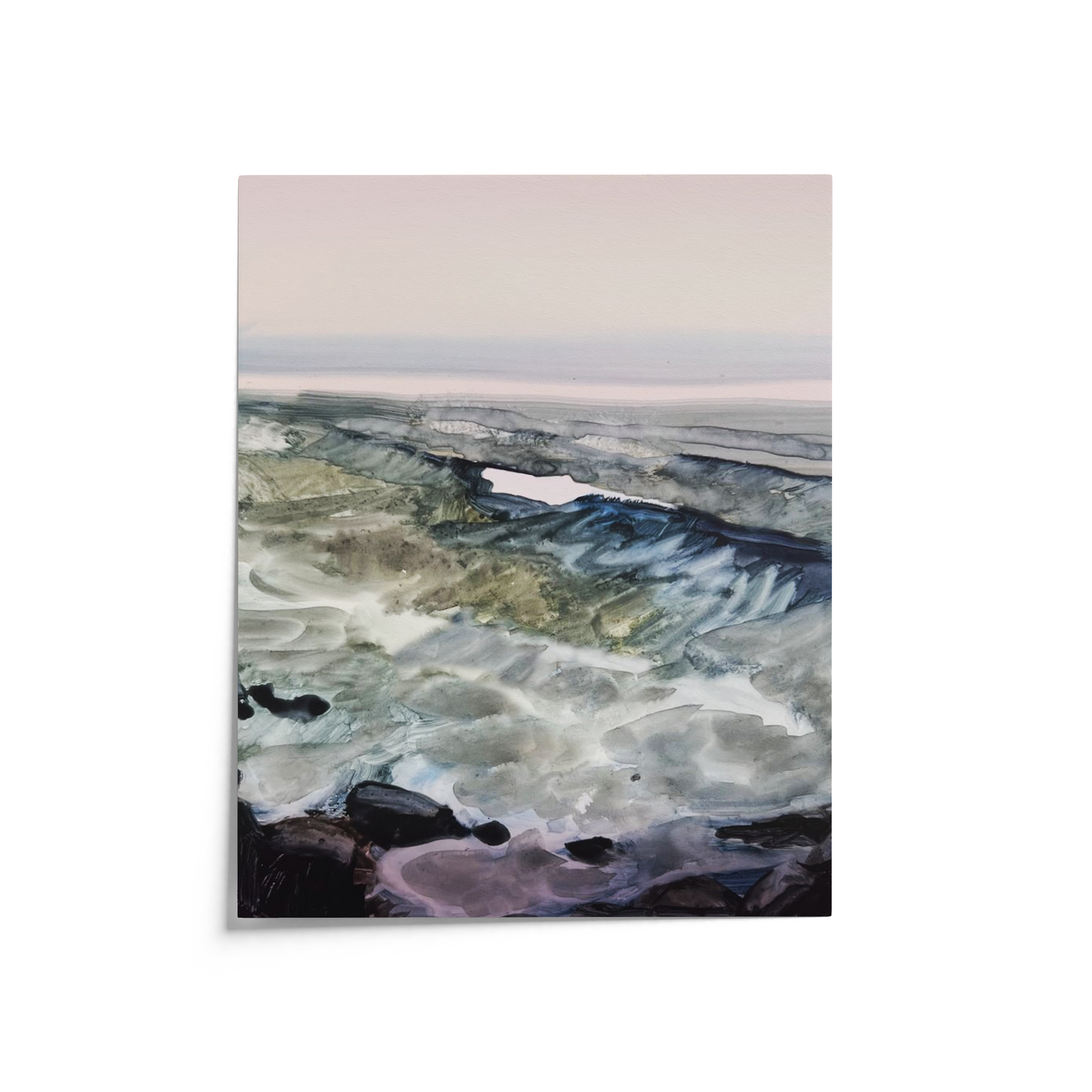 Moody Sea" art print featuring expressive ocean textures in stormy blues and greens under a pale pink sky, by Briana Corr Scott