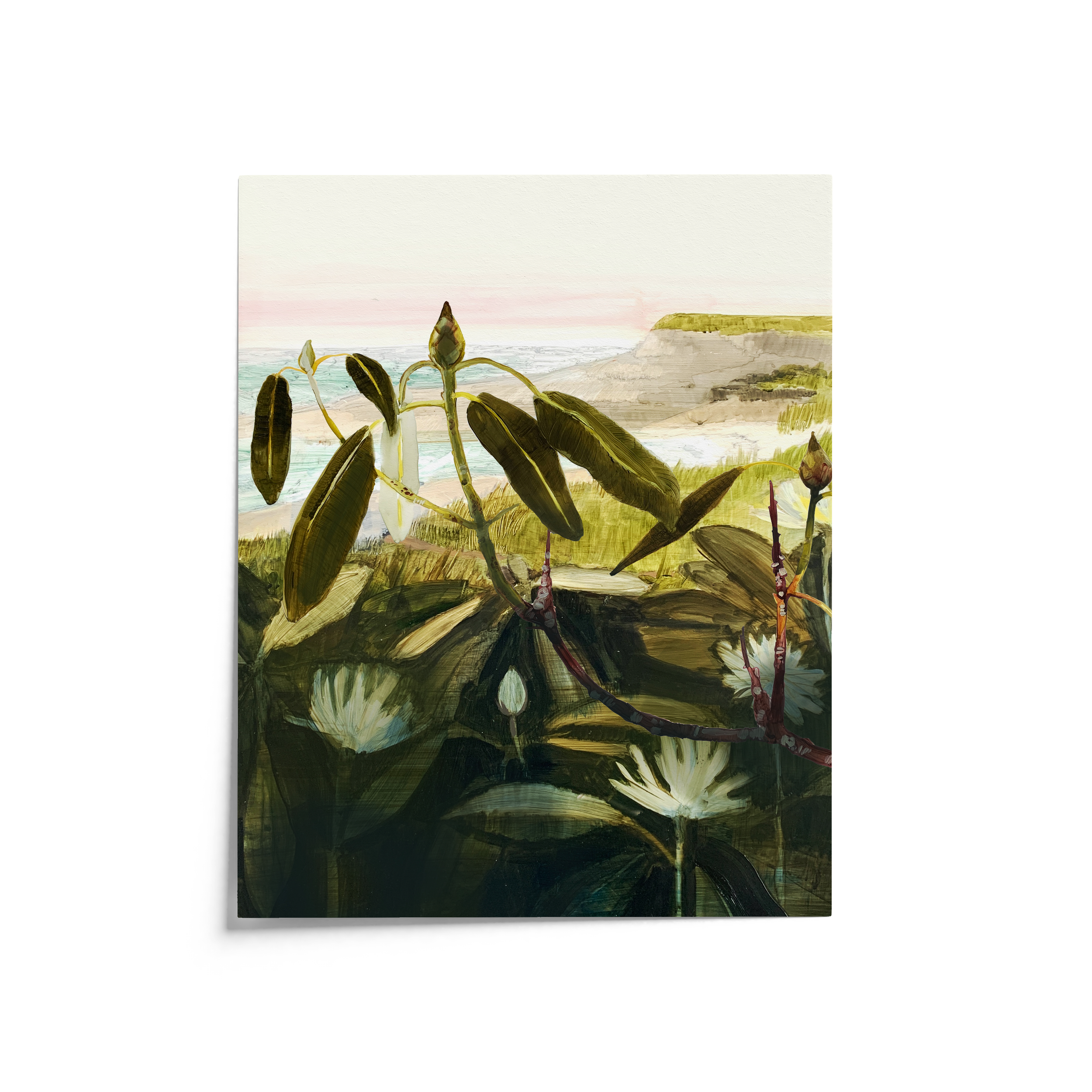 "Rhododendron by the Sea" print showing coastal Nova Scotia landscape framed by wild green rhododendron leaves and pastel sky