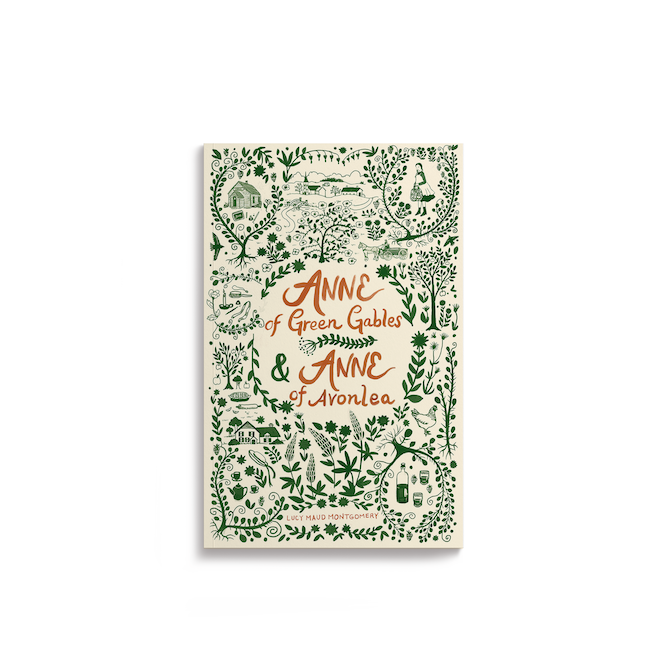 Book cover titled "Anne of Green Gables & Anne of Avonlea" with green floral and landscape illustrations surrounding the title and author Lucy Maud Montgomery's name.