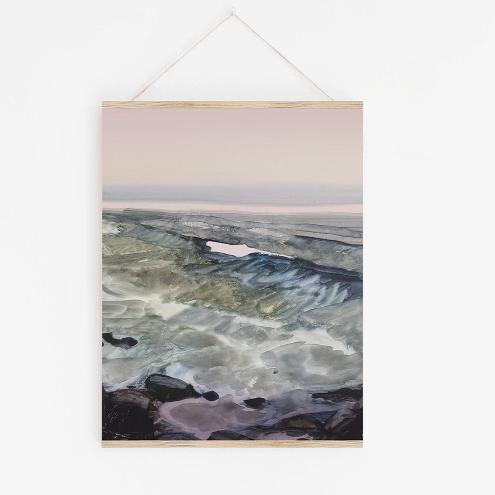 Moody Sea" art print featuring expressive ocean textures in stormy blues and greens under a pale pink sky, by Briana Corr Scott