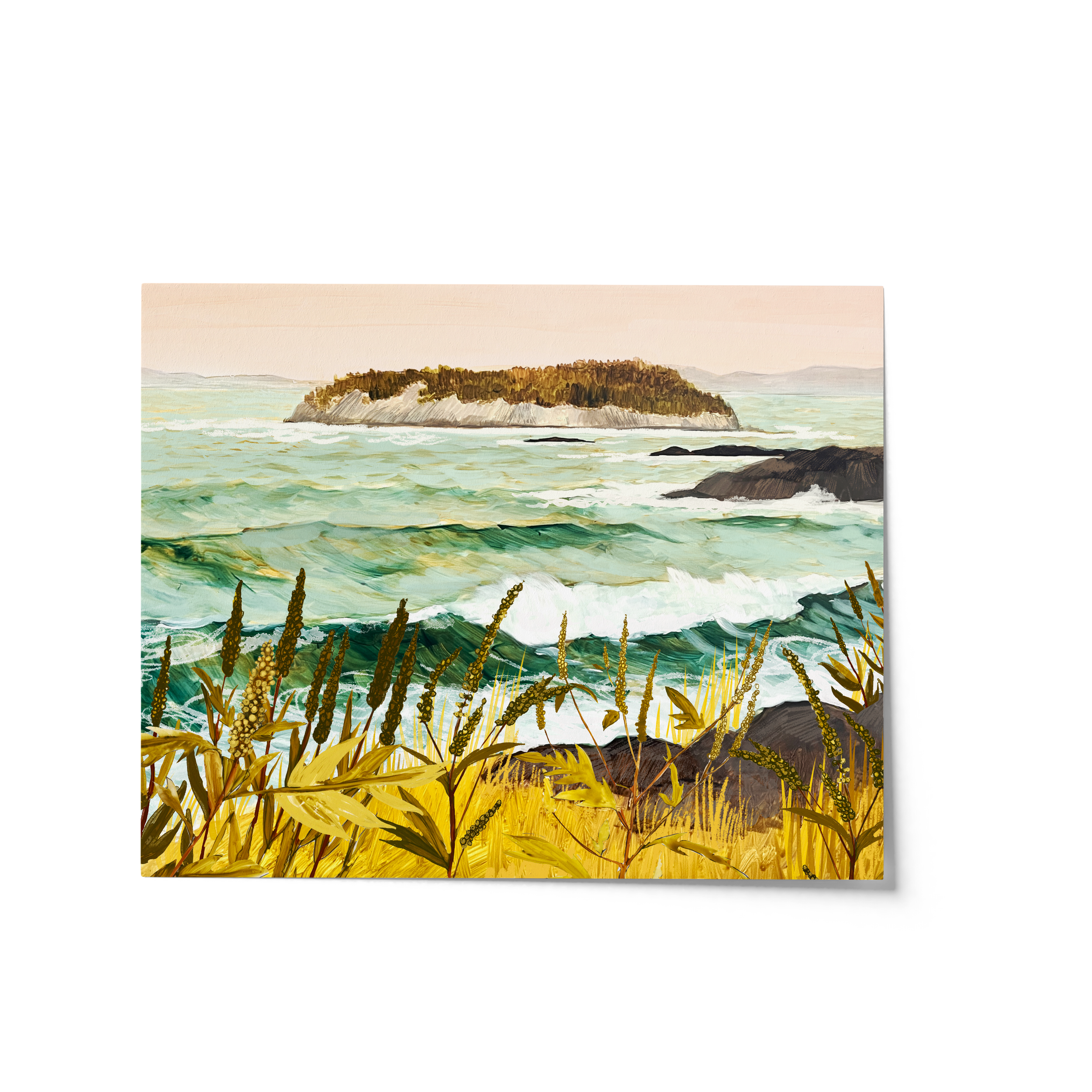 Coastal illustration of ocean waves, rocky shoreline, and an island in the distance, framed by seaside ragweed – artwork by Briana Corr Scott
