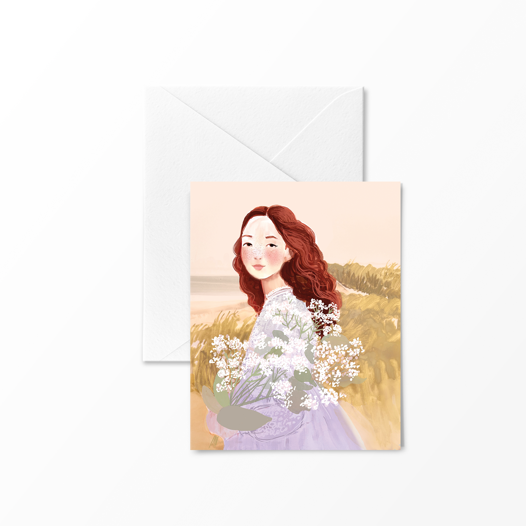 Illustration of Anne of Green Gables holding white wildflowers, with red hair flowing and a coastal dune landscape in the background – art by Briana Corr Scott