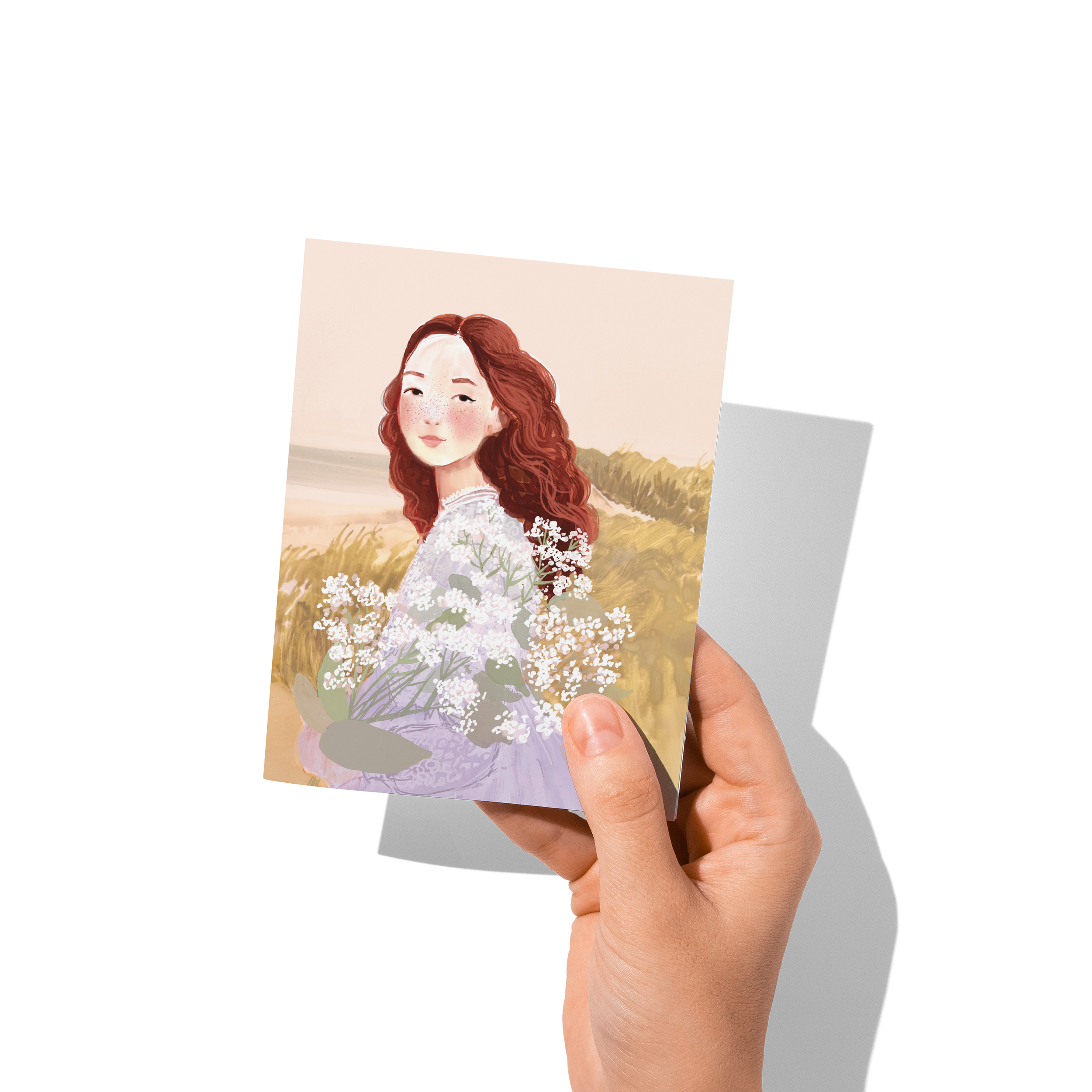 Illustration of Anne of Green Gables holding white wildflowers, with red hair flowing and a coastal dune landscape in the background – art by Briana Corr Scott