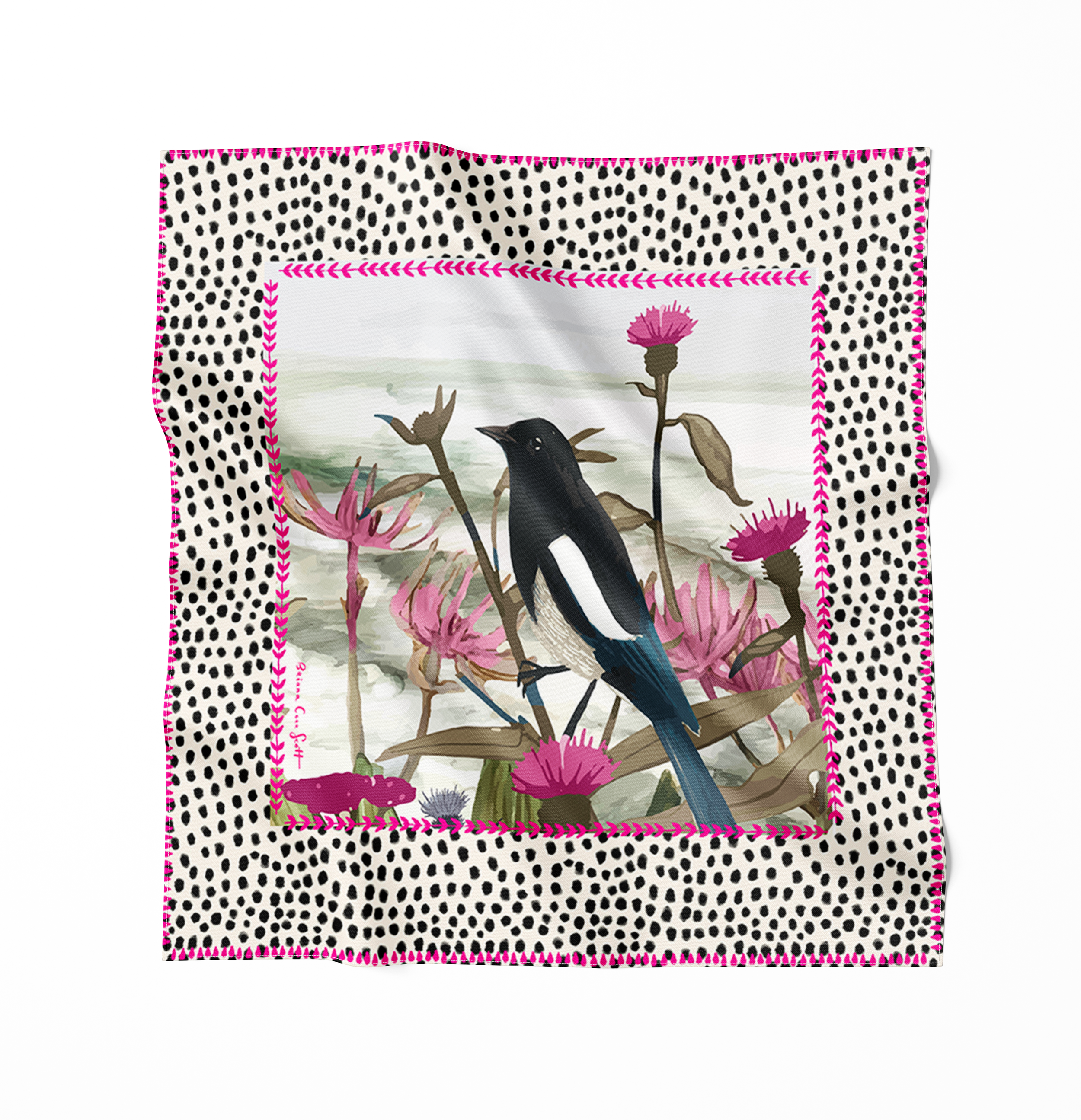 Square silk scarf with bright pink and red floral illustration on a soft background, designed by Briana Corr Scott and printed in Montreal, Canada.