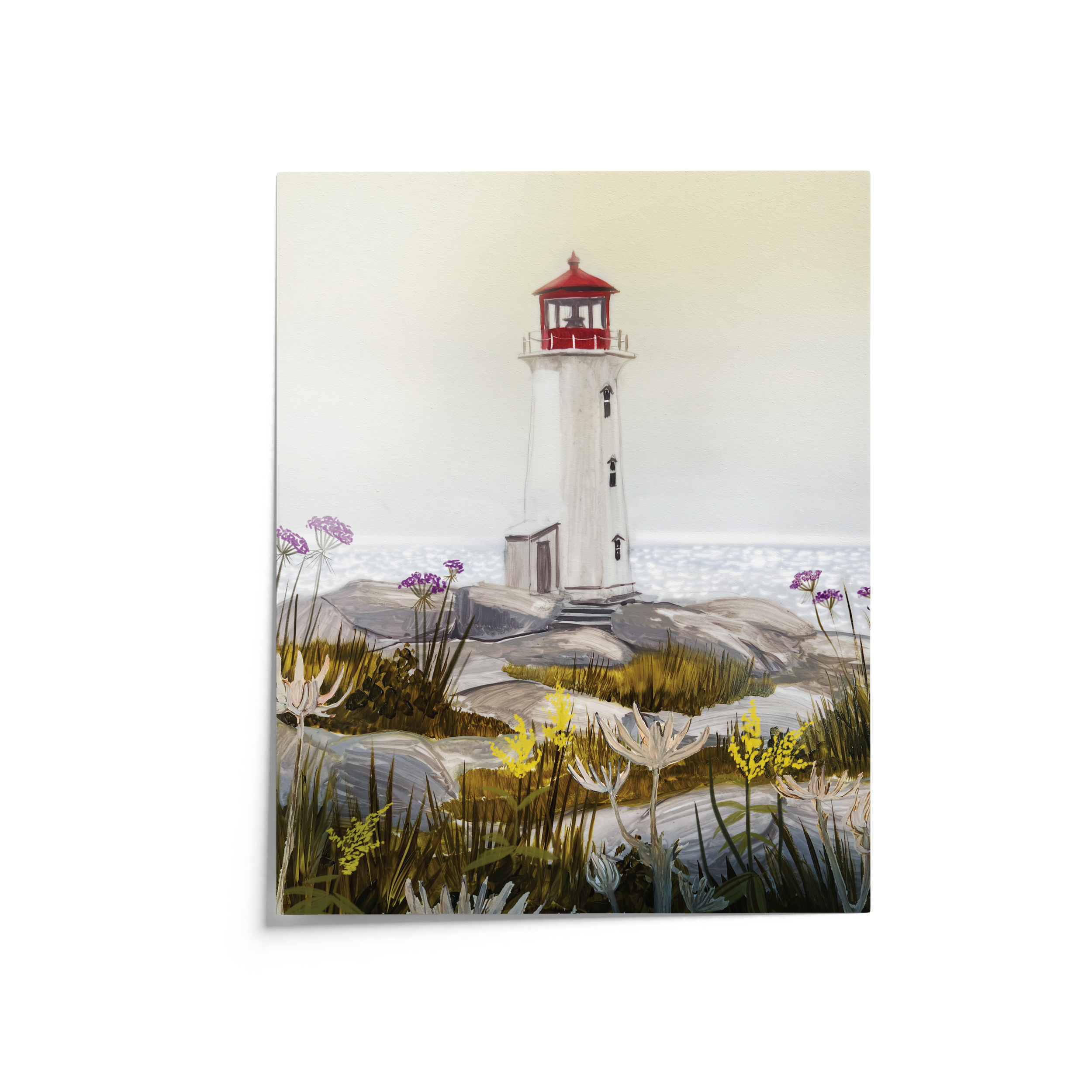 Gouache painting of Peggy’s Cove lighthouse with red roof, surrounded by coastal wildflowers and granite rocks – art by Briana Corr Scott (Copy)