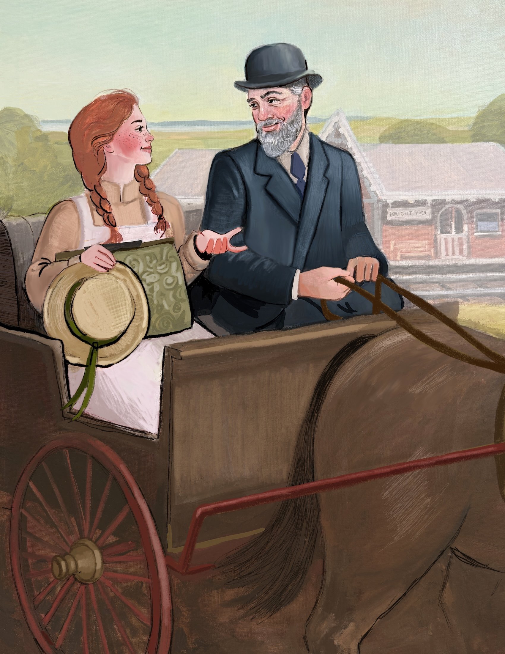 Anne Shirley and Matthew ride together in a horse-drawn carriage, exchanging a meaningful glance outside a village train station.