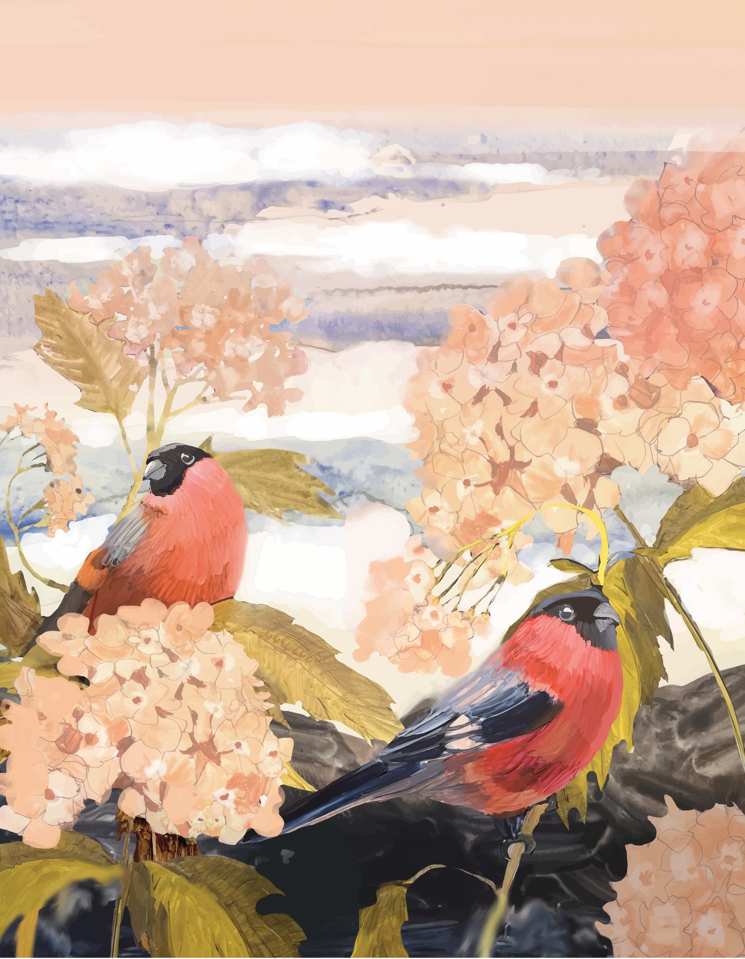 Hydrangeas and Finches