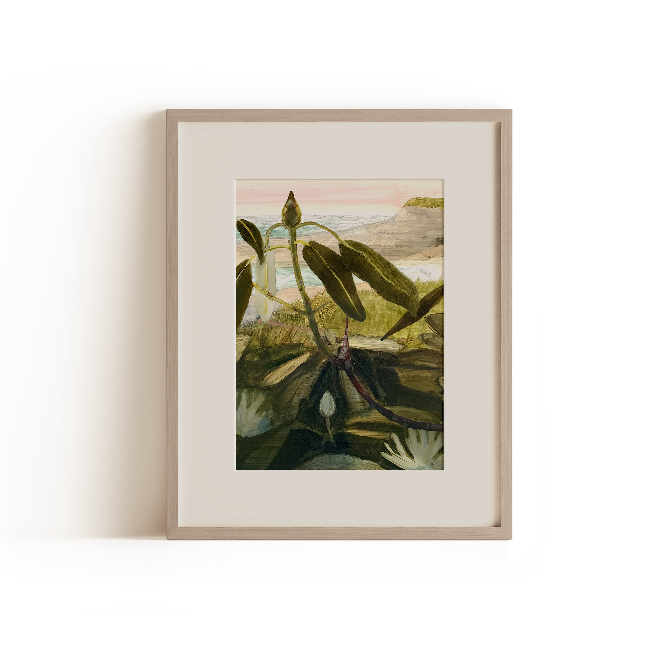 "Rhododendron by the Sea" print showing coastal Nova Scotia landscape framed by wild green rhododendron leaves and pastel sky